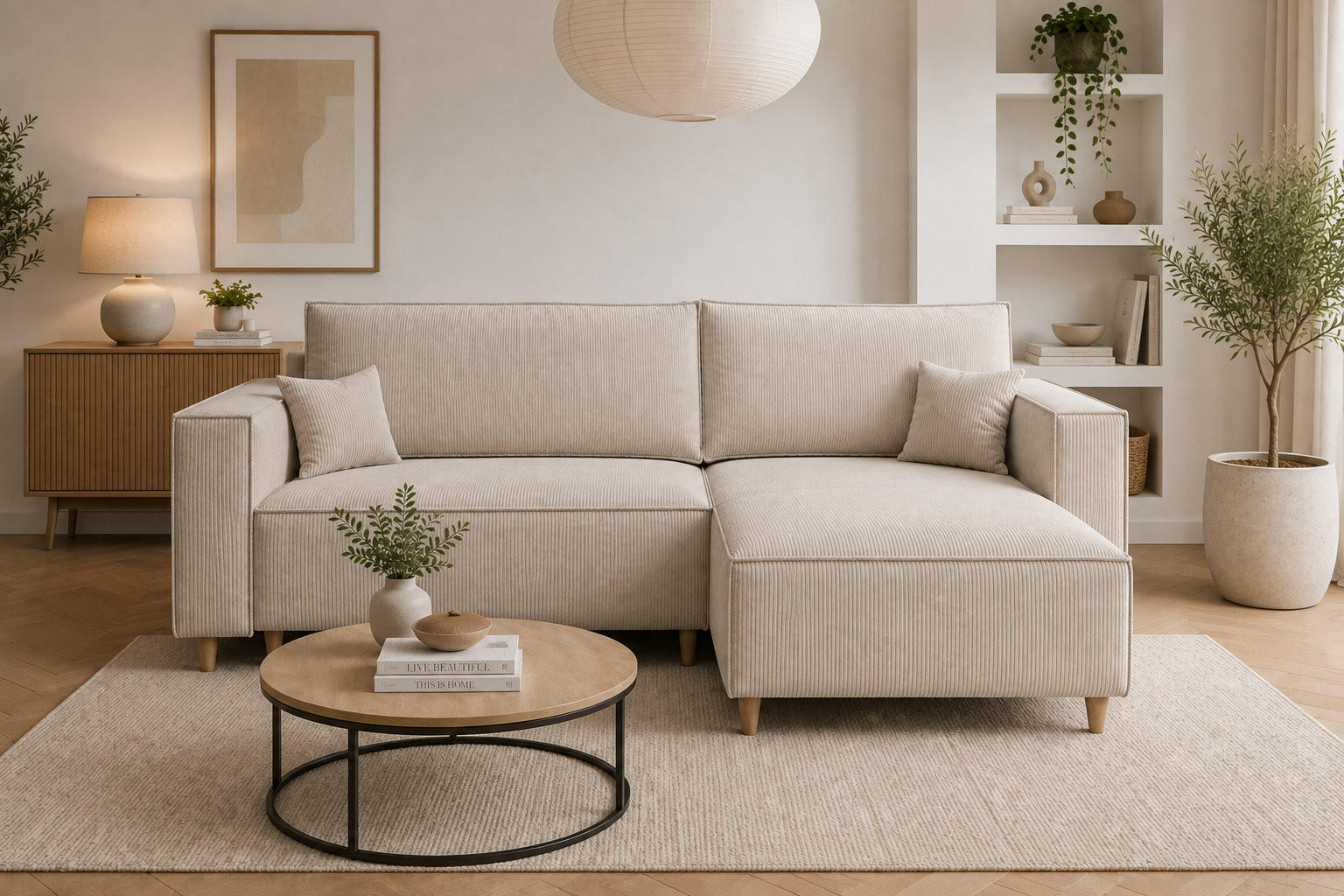 ECKSOFA mit Schlaffunktion und Bettkasten Rio, Ecksofa Cordstoff Creme, Ottomane Universal, 249x142 cm - Creme, Textil (249/142cm) - Marpur