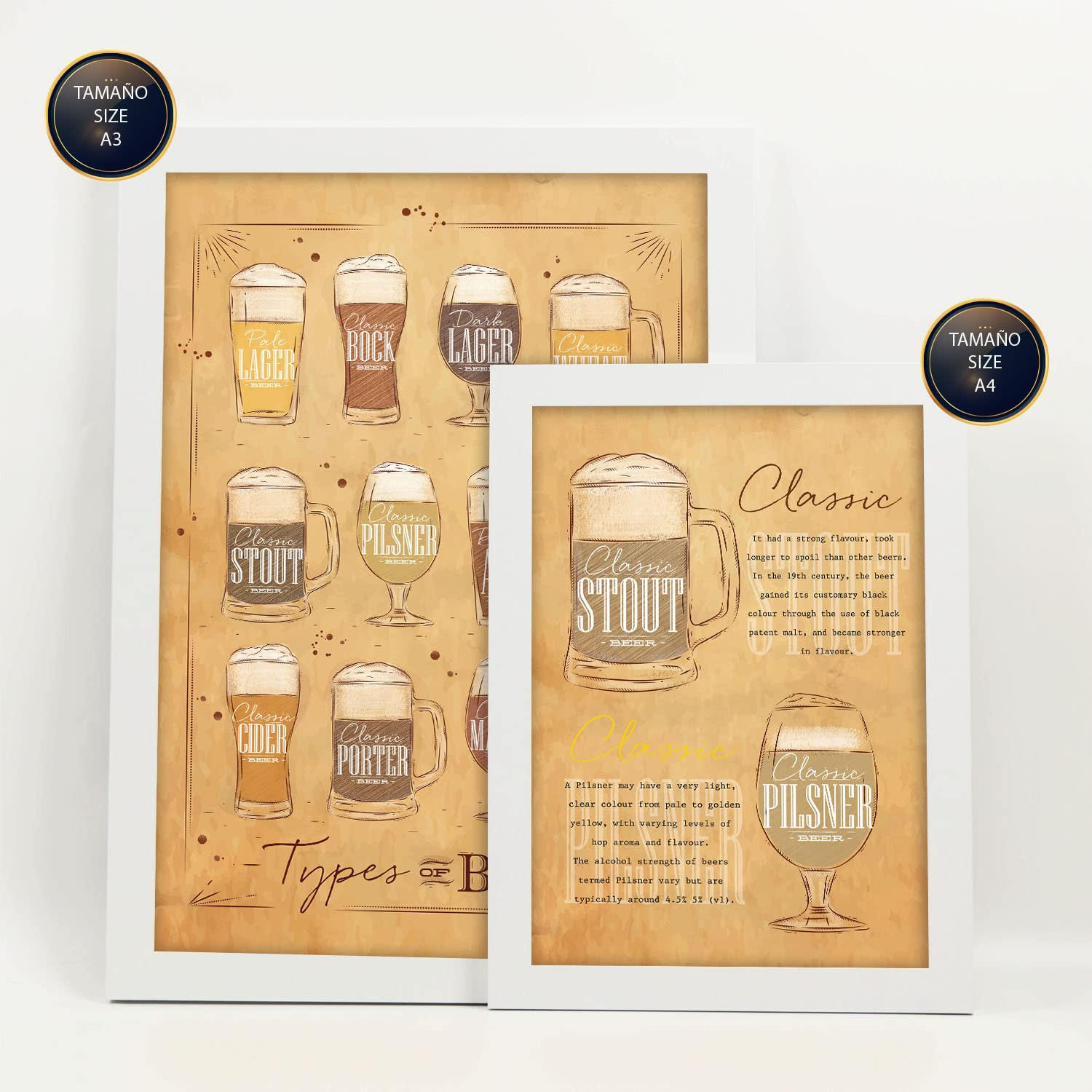 POSTER Set Mit 6 Biersorten Braun Vollfarbige Illustrationen Von Kaffee & Getränken Im Werbetafel Illustrationen Für & Heim A3 & A4 Weißer Rahmen - Weiß, Papier (29/3cm) - Nacnic