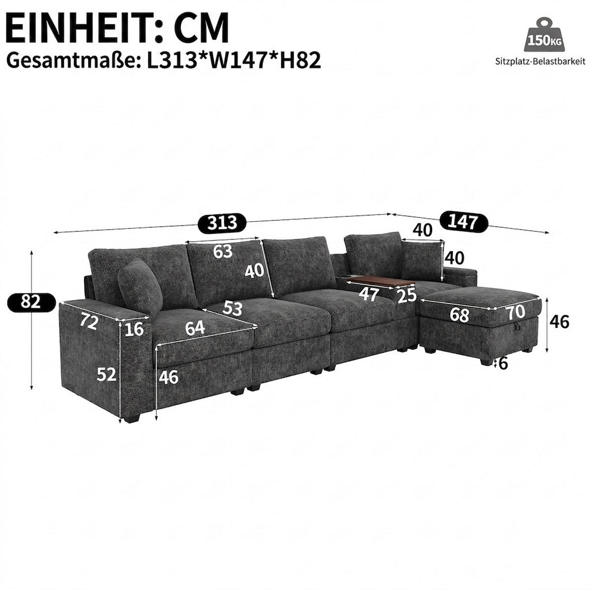ECKSOFA 313/147/82 cm Grau mit Stauraum, USB-/Typ-C, Getränkehaltern und 360° drehbarem Couchtisch - Grau, Textil (313/147cm) - Oxeza