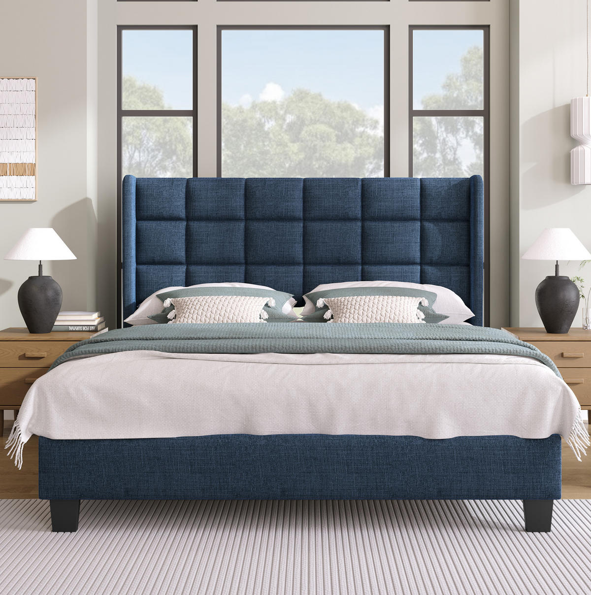 ČALOUNĚNÁ postel 140/200 cm modrá z lnu s roštem a vysokým čelem - modrá, textil (140/200cm) - OKWISH