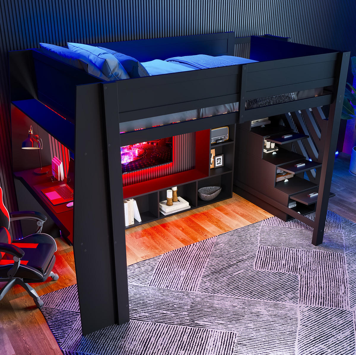 HOCHBETT 140/200 cm aus Holzwerkstoff mit Schreibtisch, LED-Beleuchtung und Stauraumtreppe Schwarz - Schwarz, Holzwerkstoff (140/200cm) - Modenvie