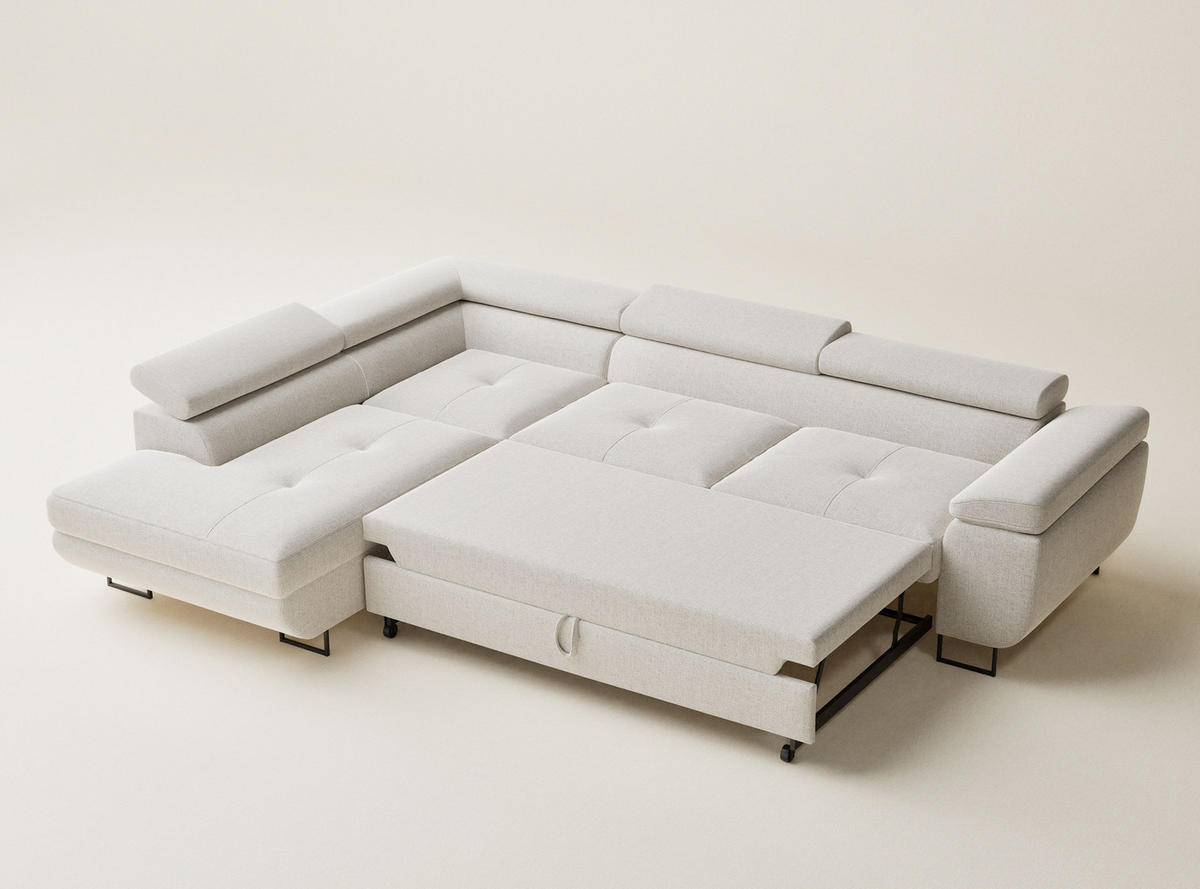 ECKSOFA Concord Hellbeige Webstoff - Links Seite - Creme/Schwarz, Holz/Holzwerkstoff (203/277cm) - Maison de Reve