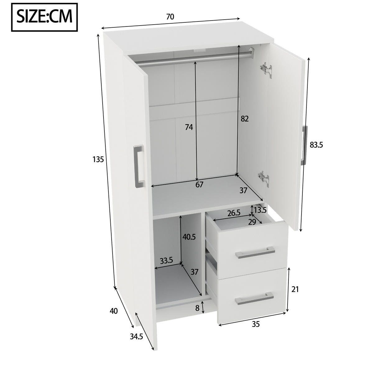 KLEIDERSCHRANK 70 x 40 x 135 cm aus Holz mit Schubladen, Weiß - Weiß, Holz (40/135/70cm) - OKMYHOME
