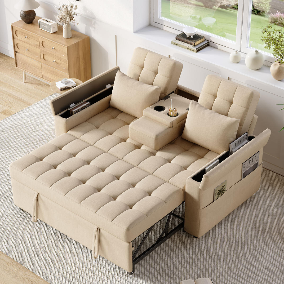 SCHLAFSOFA 159/74/92 cm Beige mit Stauraum, Verstellbarer Rückenlehne, Armlehnen-Staufächern und Kissen - Beige, Textil (159/92/142.5cm) - Oxeza