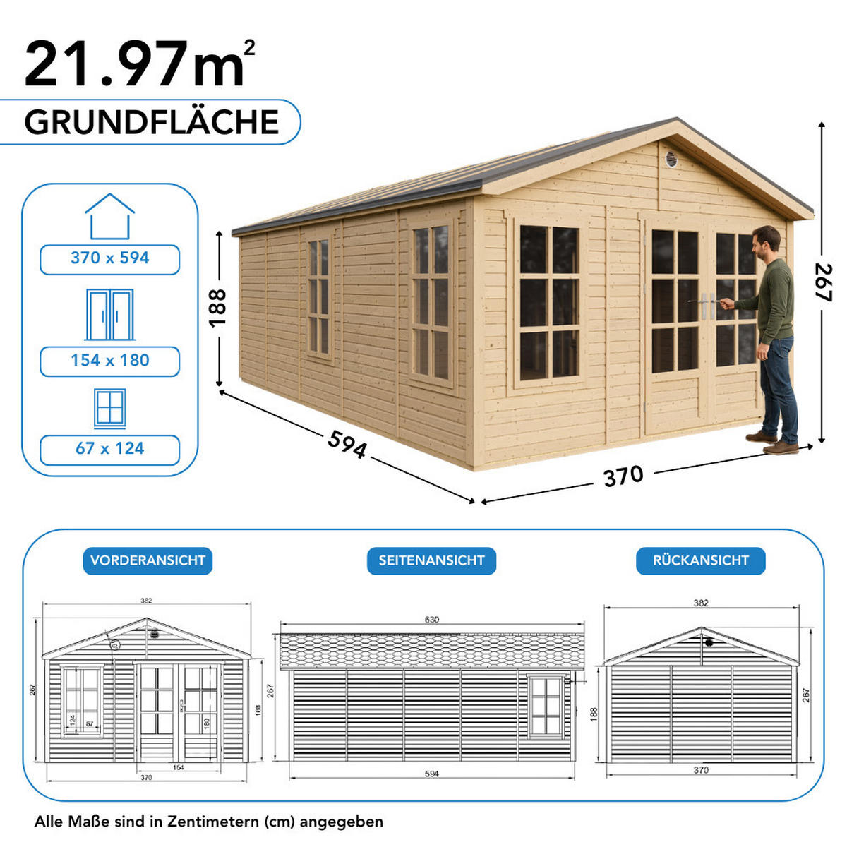 GARTENHAUS HOLZ M737A 370 x 600 cm - Naturfarben, Holz (382/267/630cm) - Timbela