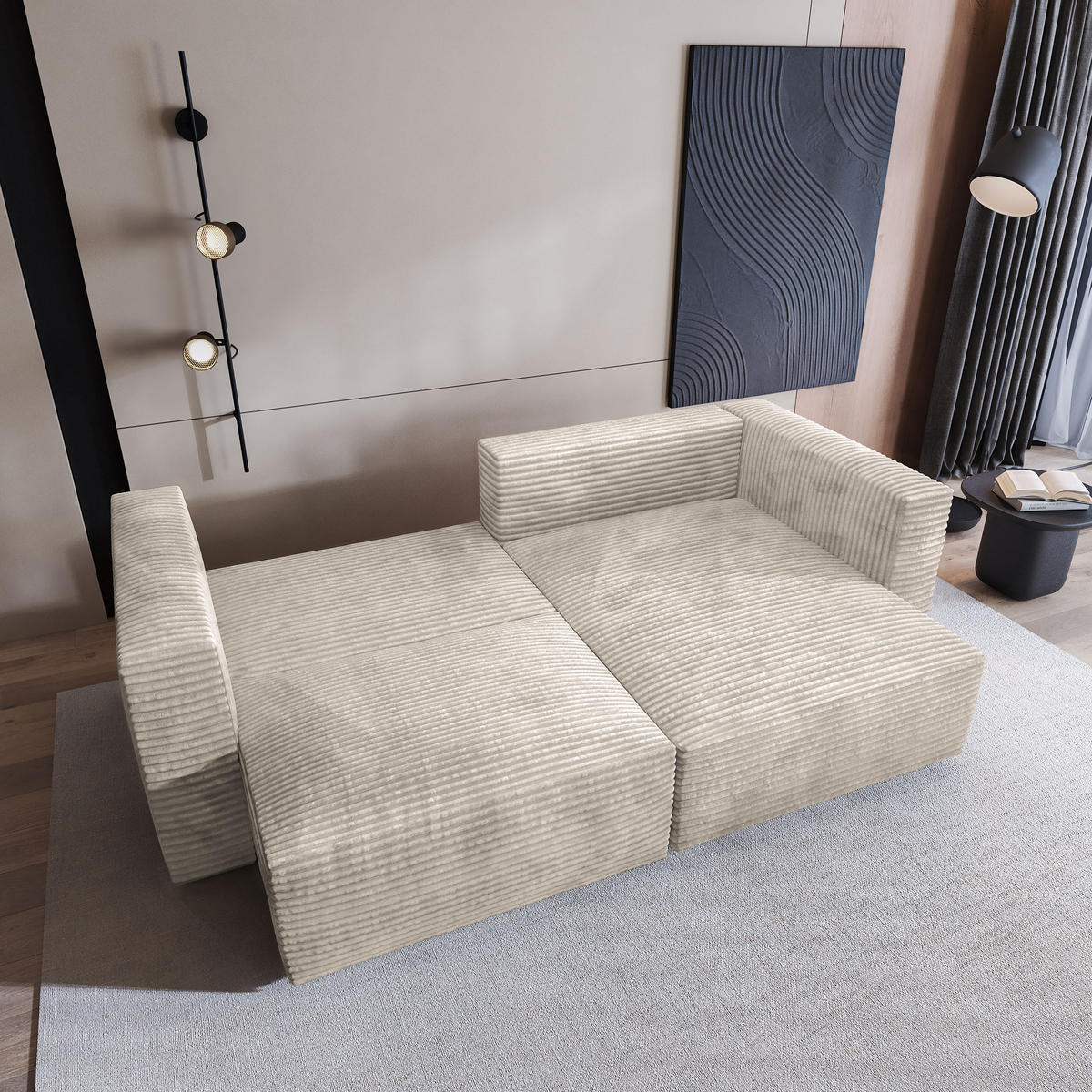 ECKSOFA NERIO Creme Kordstoff mit Schlaffunktion - Creme, Holz (245/148cm) - MASSENO