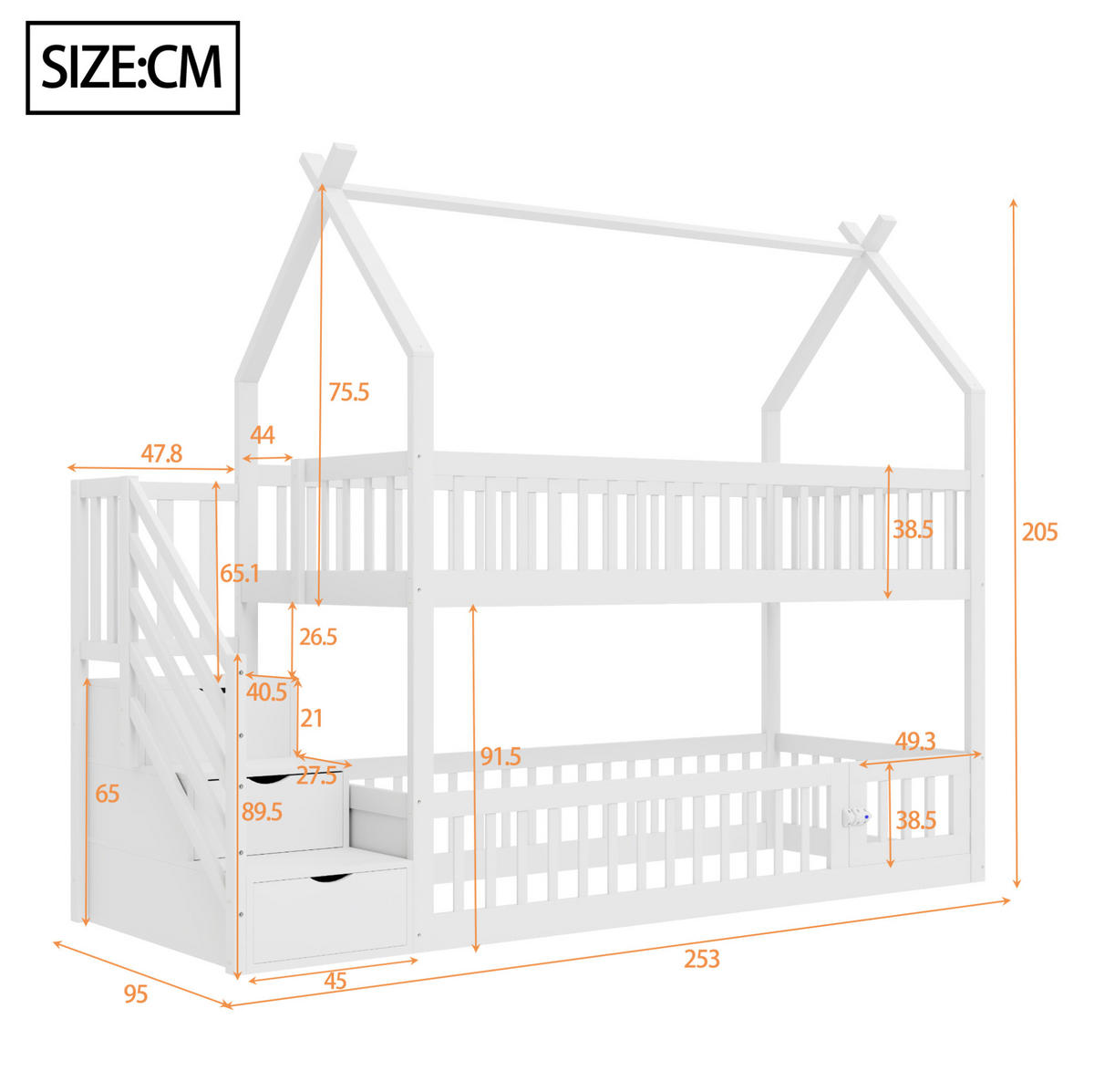 ETAGENBETT 90/200 cm mit Hausdach, Sicherheitstreppe und Schubladen, Weiß - Weiß, Holzwerkstoff (90/200cm) - Redom