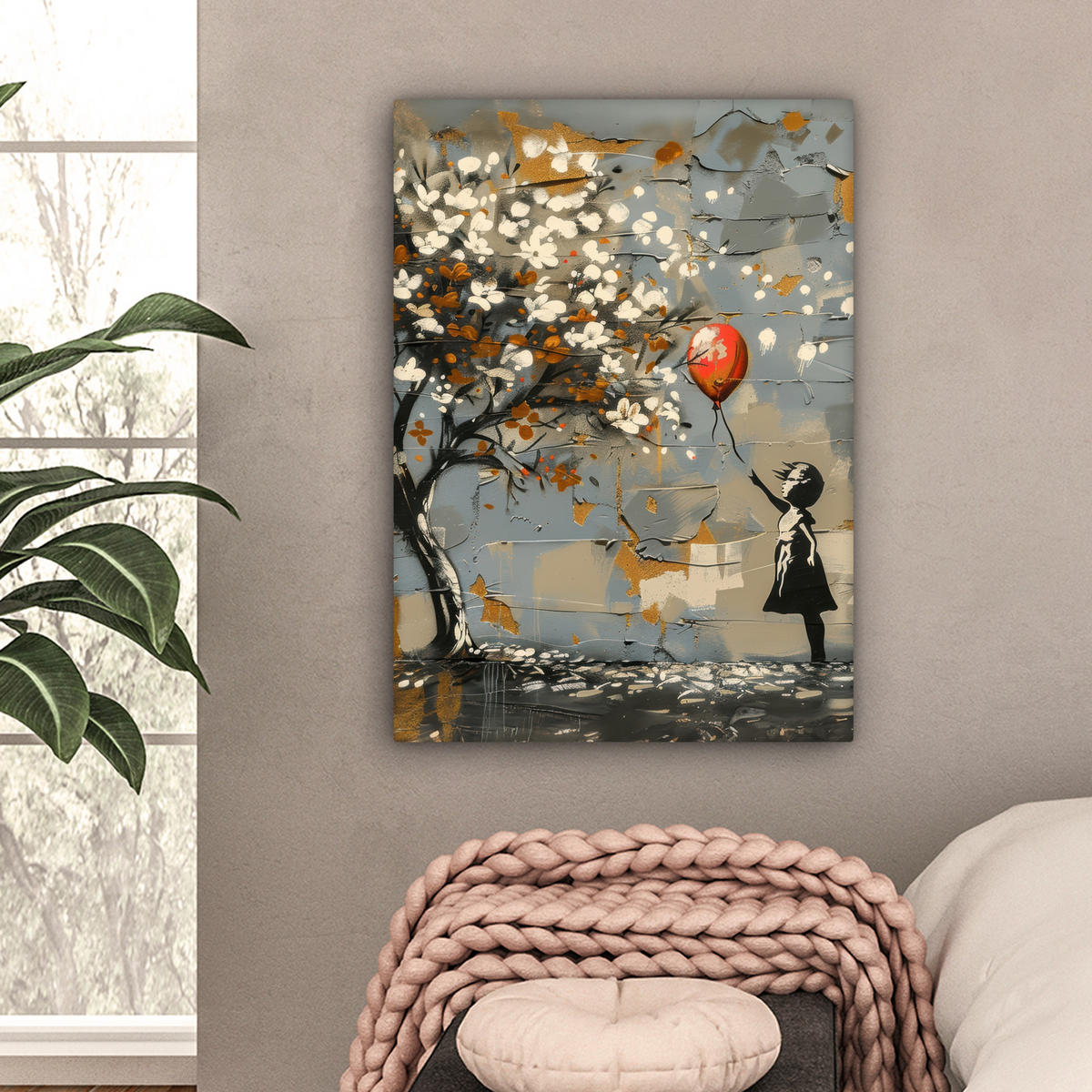 LEINWANDBILD Baum - Graffiti - Banksy-Stil - Ballon-Mädchen 60x80 cm - Blaugrau, Textil (60/80cm) - MuchoWow