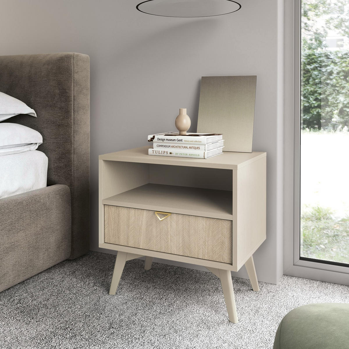 NACHTTISCH Silva in der Farbe Sandbeige + Scandi-Fischgrätmuster mit Ablage und Schublade - Beige/Goldfarben, Holz/Holzwerkstoff (54/54/38cm) - Ravio