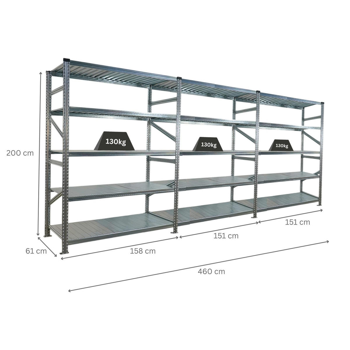 FACHBODENREGAL Proximo 200x450x60cm 5 Ebenen Fachlast 130 kg Beidseitig nutzbar Verzinkt - Silberfarben, Metall (450/200/60cm) - PROREGAL