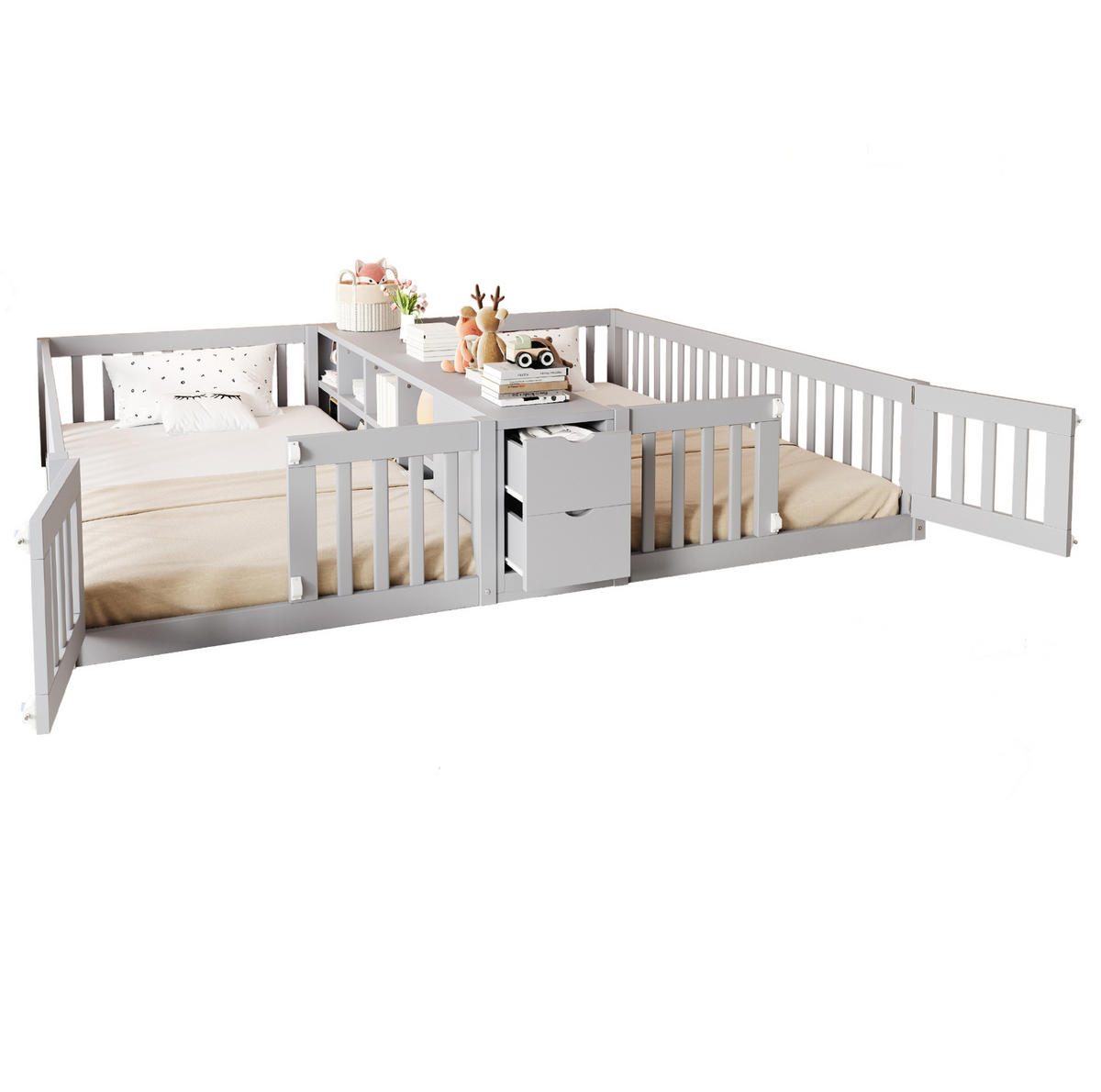 KINDER-DOPPELBETT 2x90x200 cm in Grau mit Schubladen und Regal - Grau, Holz (90/200cm) - IVMEU