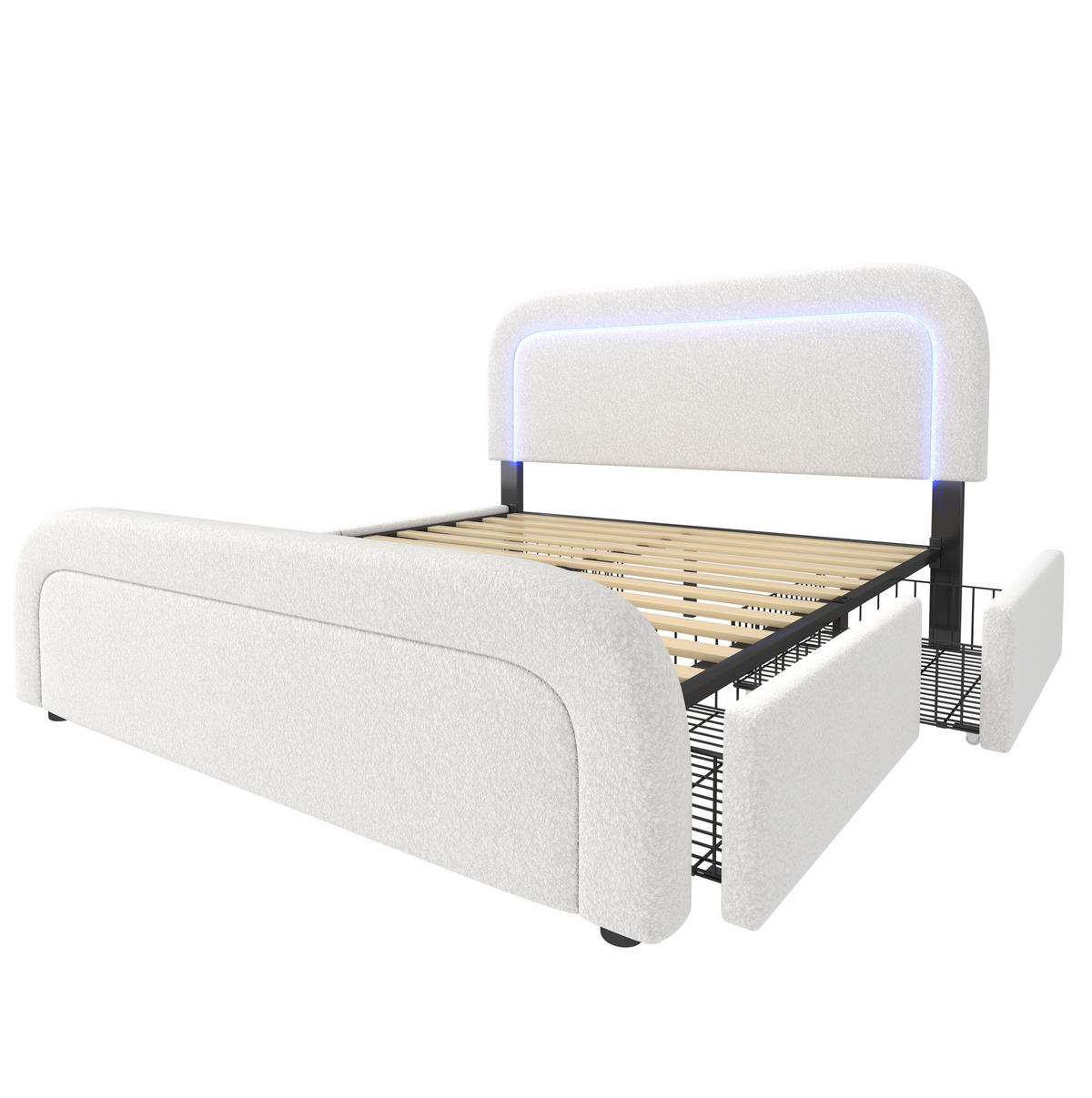 POLSTERBETT 160/200 cm aus Sherpa mit LED-Beleuchtung, USB-C und 4 Schubladen Weiß - Weiß, Fell (160/200cm) - Modenvie