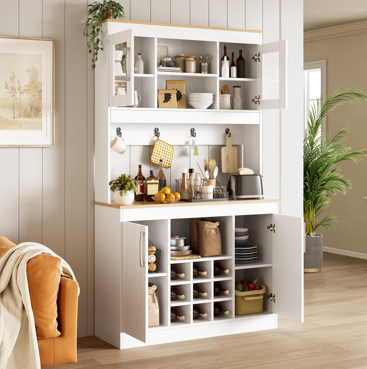 KÜCHENBUFFET aus Spanplatte 106x39x175 cm Weiß und Naturholzfarbe mit Glastüren, Weinregal und Hakenleiste - Weiß, Holzwerkstoff (106/175/39cm) - IVMEU