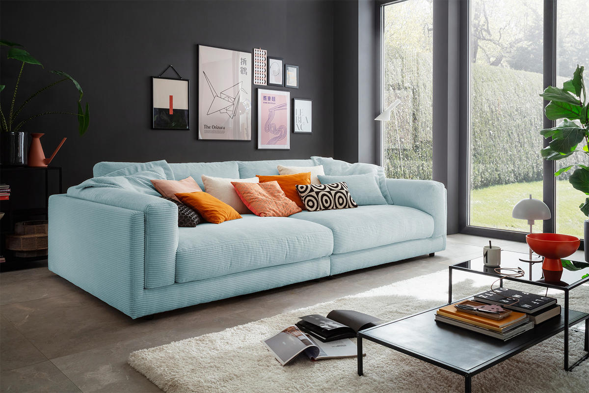 BIG SOFA RAINA Hellblau Cord - Schwarz/Hellblau, Kunststoff/Textil (254/85/150cm) - KAWOLA