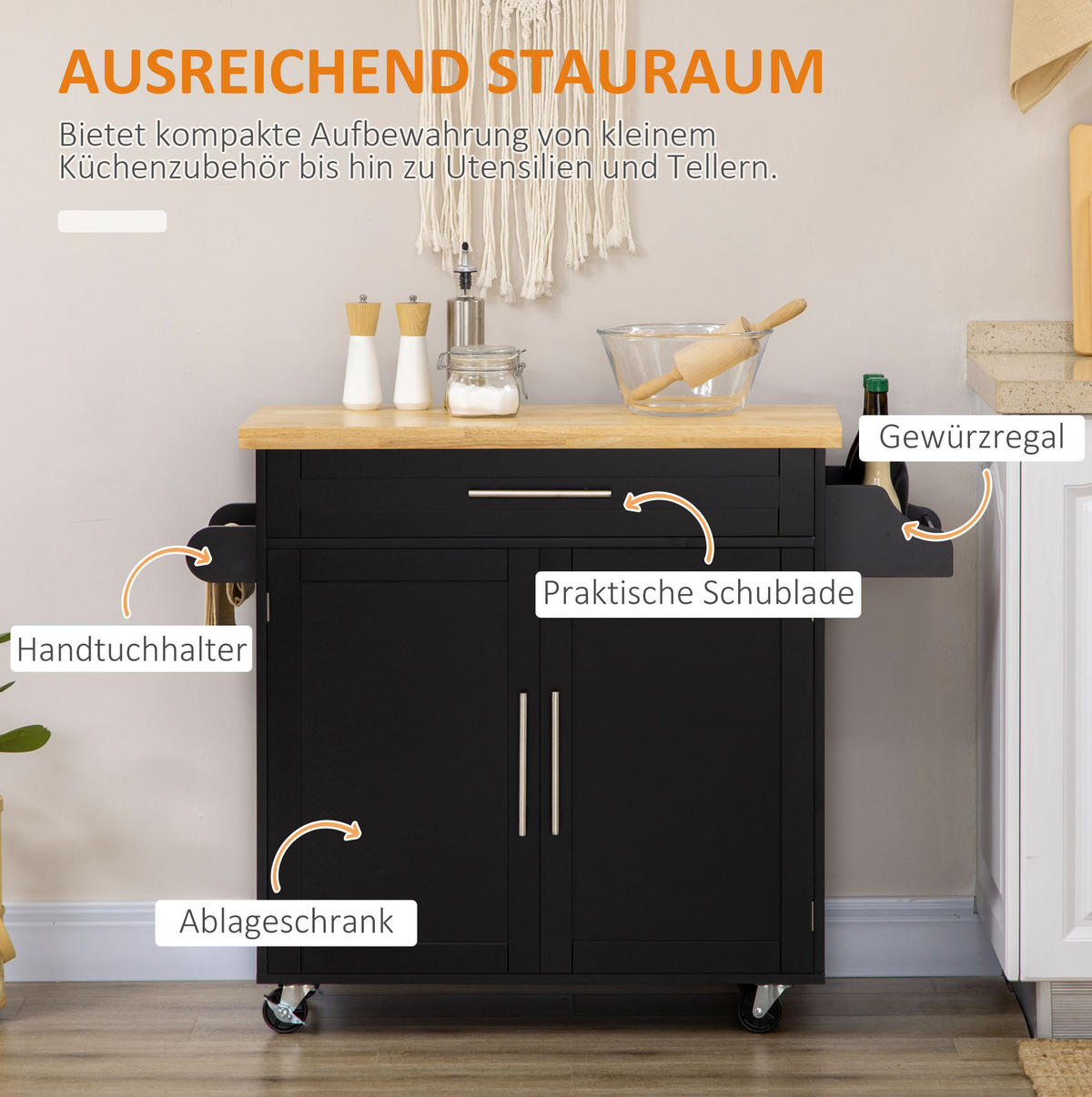 KÜCHENINSEL 109/40/89 cm aus Holz mit Arbeitsplatte und Gewürzregal Schwarz - Schwarz, Holz (109/89/40cm) - Modenvie