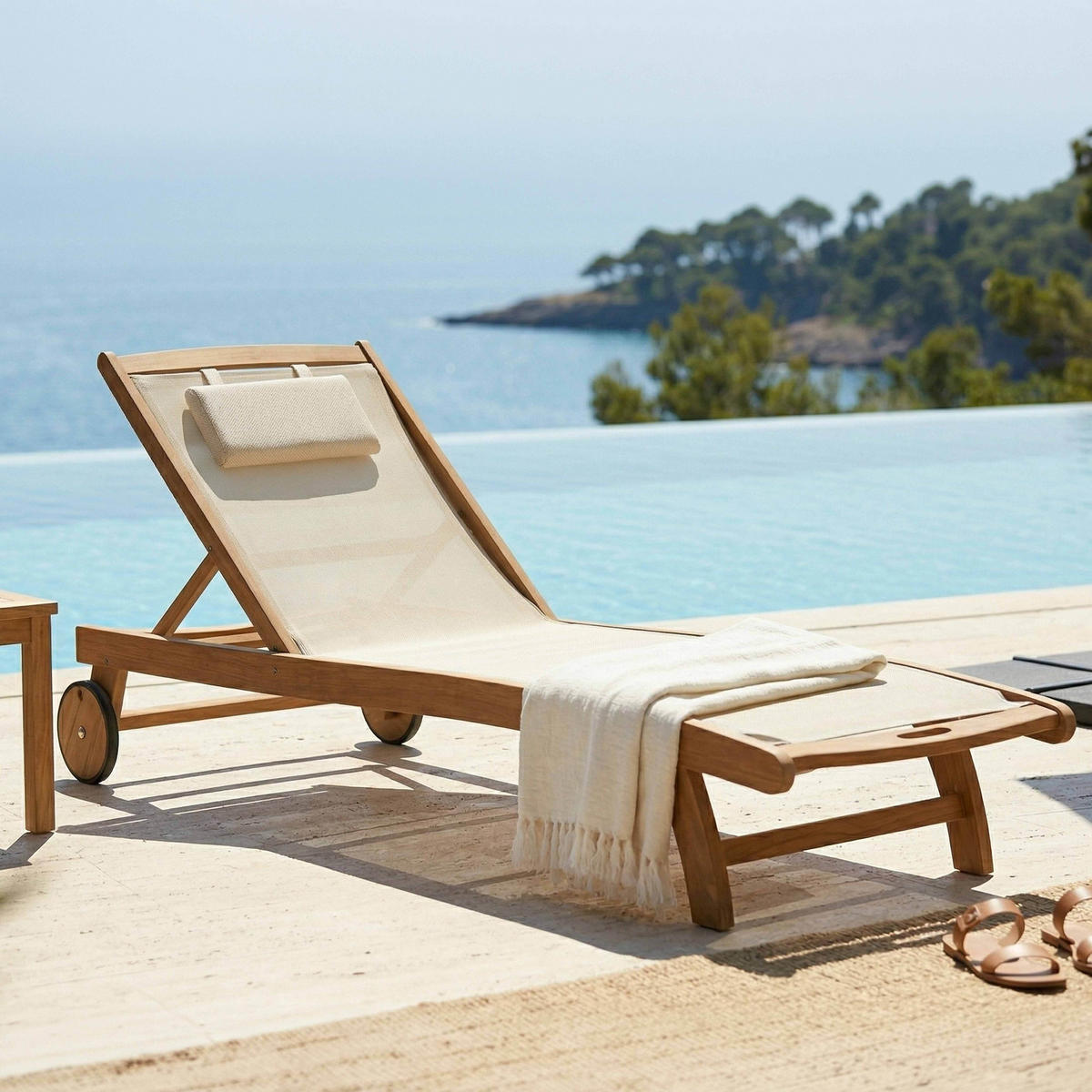 SONNENLIEGE 2-tlg., Weiß - Beige, Holz (196/37/69cm) - Oviala