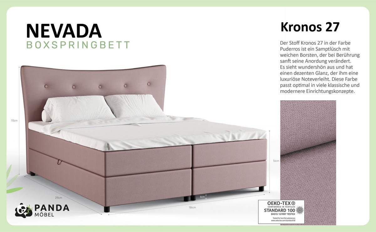 BOXBETT Nevada 180 x 200 cm Doppelbett mit hochwertiger Bonell-Matratze und Topper - rosa - Rosa, Holz (180/200cm) - Panda Möbel