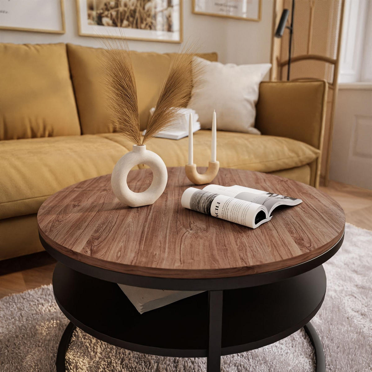 COUCHTISCH CIRI mit Regal Eichenholz Sterling - Eichefarben/Schwarz, Holzwerkstoff (70/70/49cm) - Lookway
