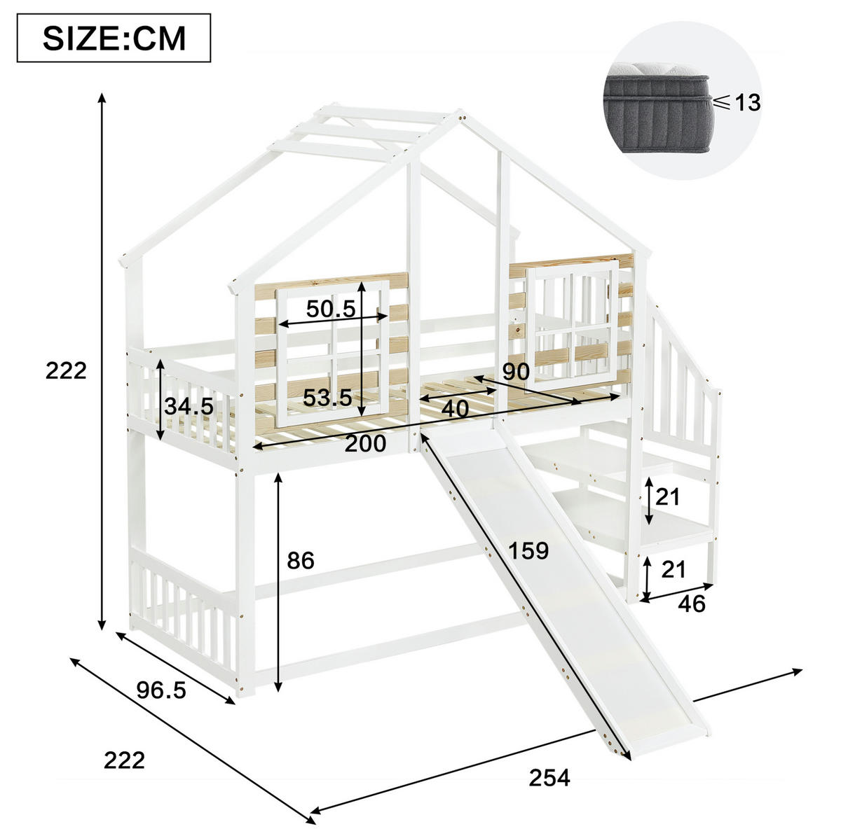 DOMČEKOVÁ posteľ z masívu a MDF, 90/200 cm, biela/prírodná, s domčekom, šmykľavkou a schodmi - biela, kompozitné drevo (90/200cm) - BEAOK