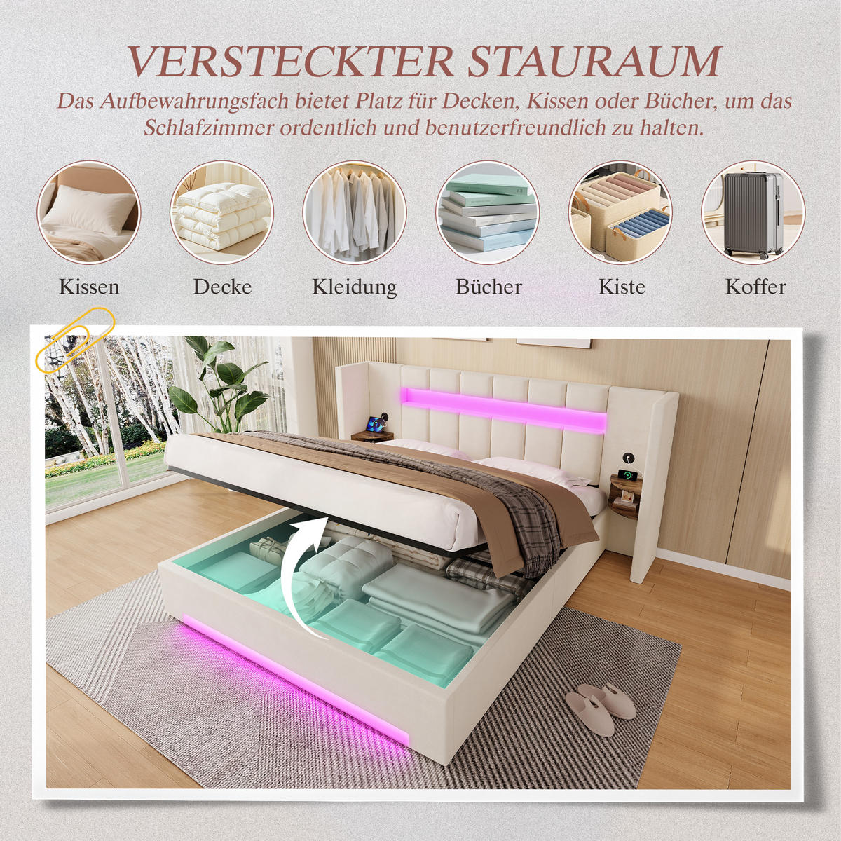POLSTERBETT 180/200 cm Beige mit 2 USB und LED-Licht - Beige, Textil (180/200cm) - Oxeza