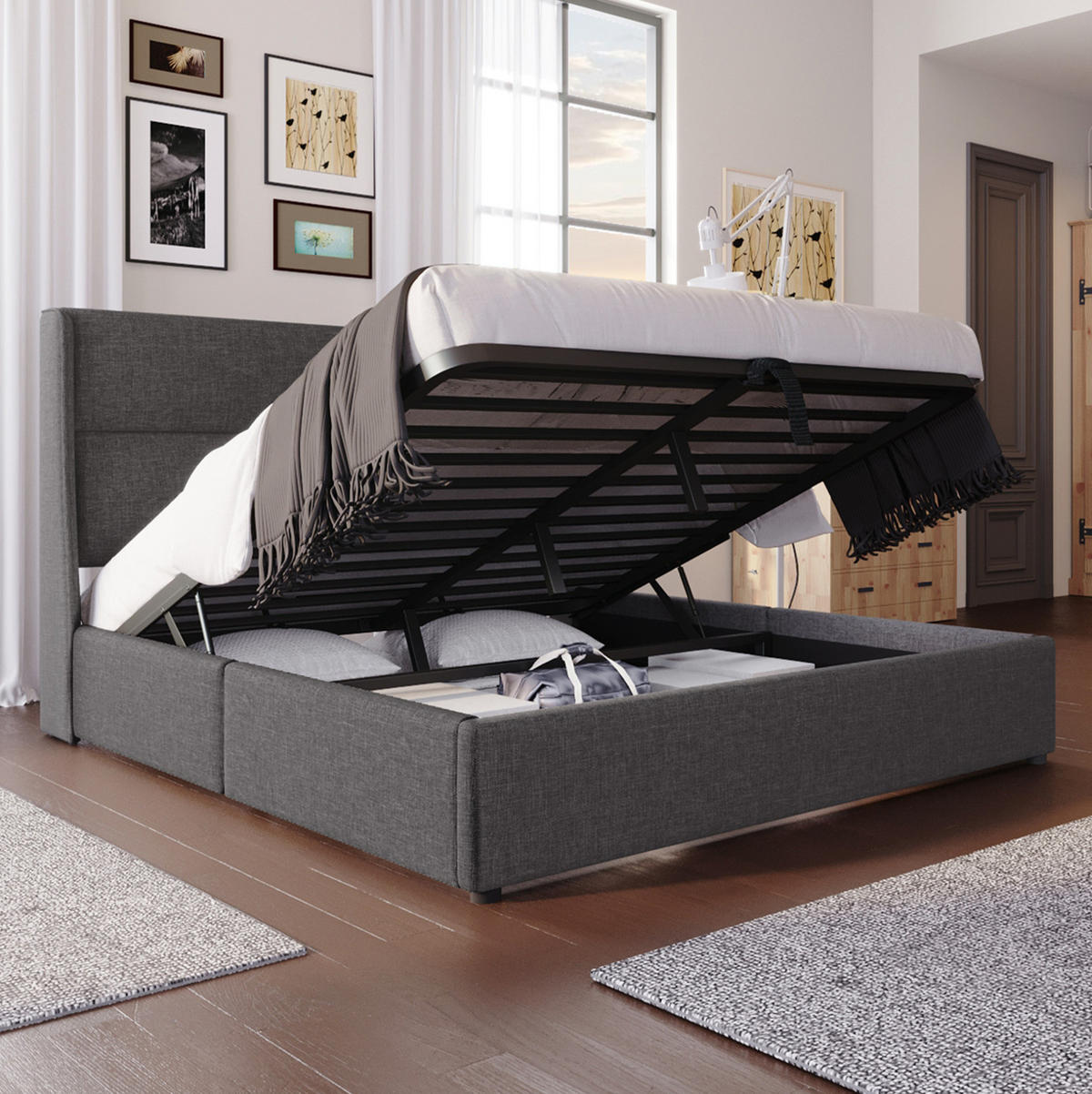 POLSTERBETT mit Stauraum und verstellbarer Kopfstütze 160x200 cm Leinen Grau - Grau, Metall (160/200cm) - Meubliv