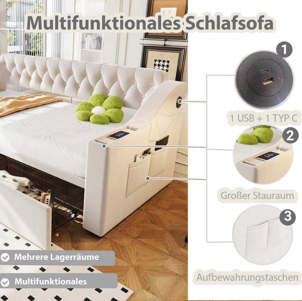 POLSTERBETT 90/190 cm aus Samt mit Stauraum und USB- und Type-C-Anschlüssen - Beige, Textil (90/190cm) - Flora Grace