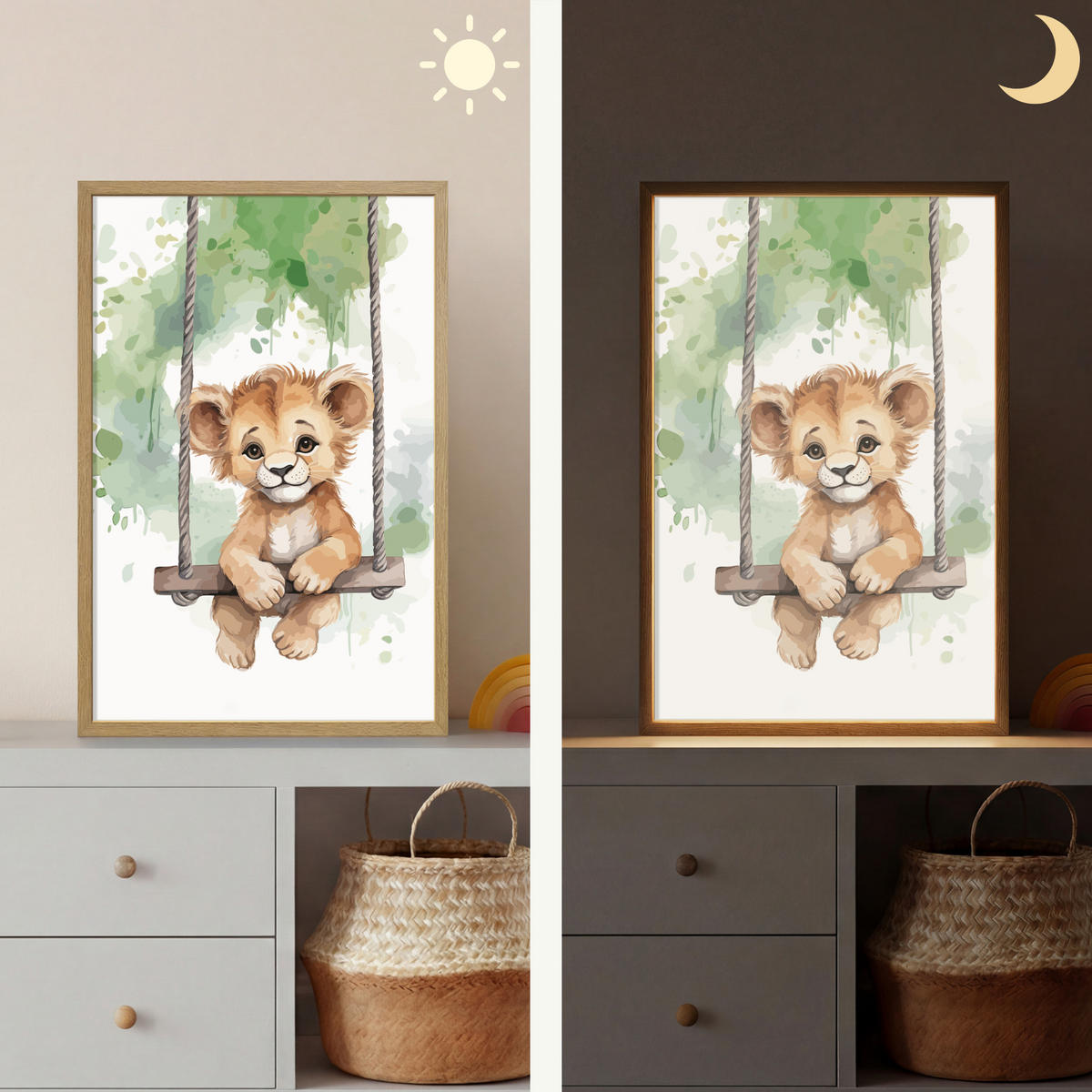 WANDLEUCHTE MIT AKKU Löwe - Tier - Kinder - Dschungel 40x60 cm - Weiß, Holzwerkstoff (40/60/8cm) - OnlyWow