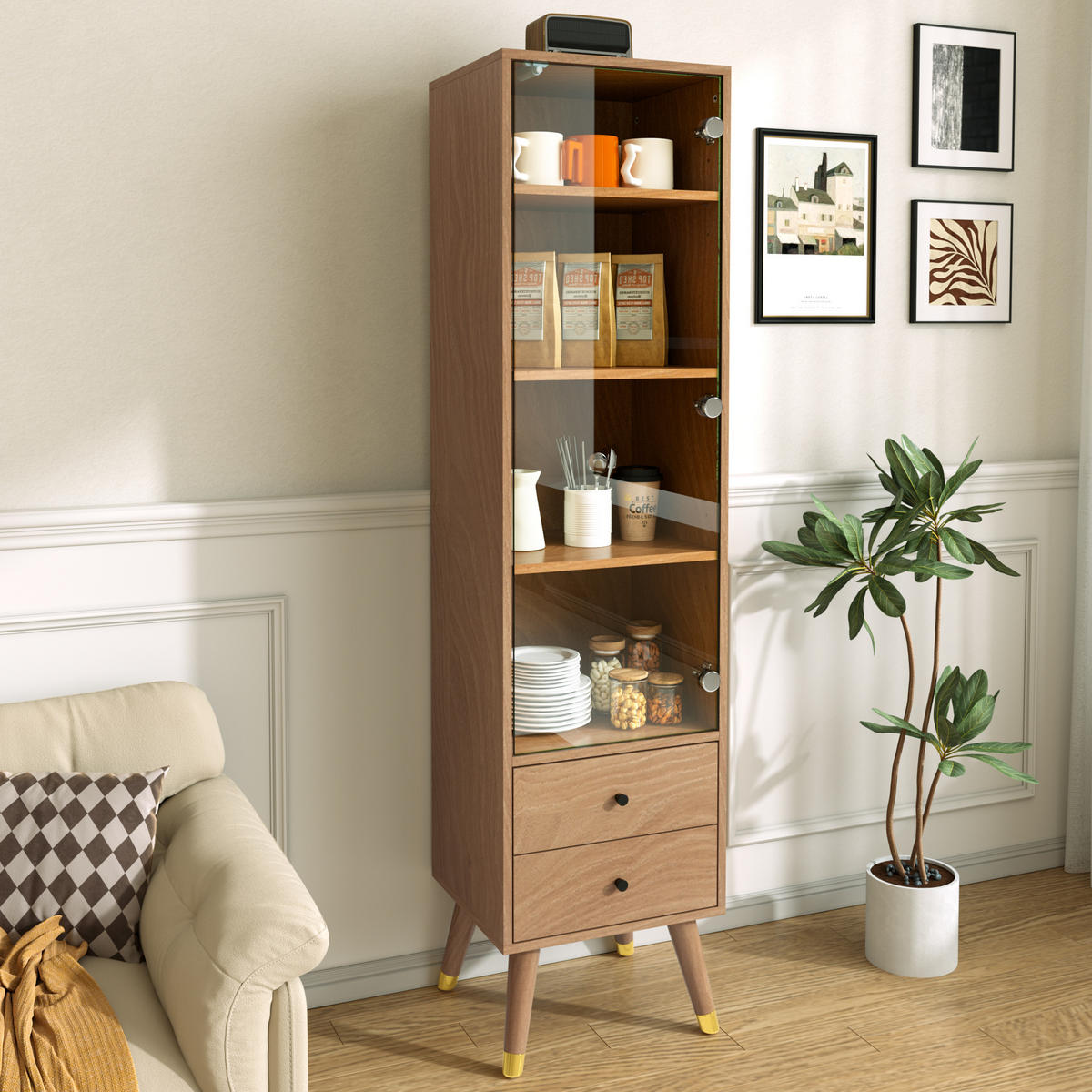 VITRINE in Naturfarben mit Glastür und 2 Schubladen für Wohnzimmer, B39,8/T35/H160 cm - Transparent/Naturfarben, Glas/Holzwerkstoff (39.8/160/35cm) - STILVORA