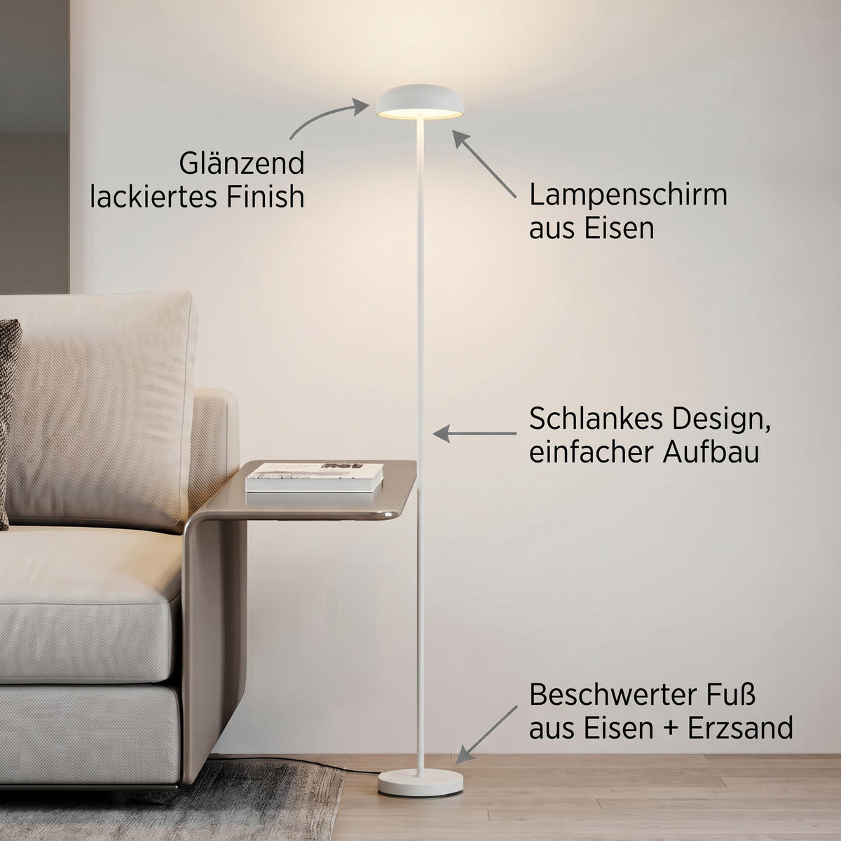 LED-DESIGN-STEHLEUCHTE stufenlos dimmbar Trittschalter 3000K 140cm hoch Metall Weiß - Weiß Hochglanz, Metall (15/15/137cm) - Elblight.de