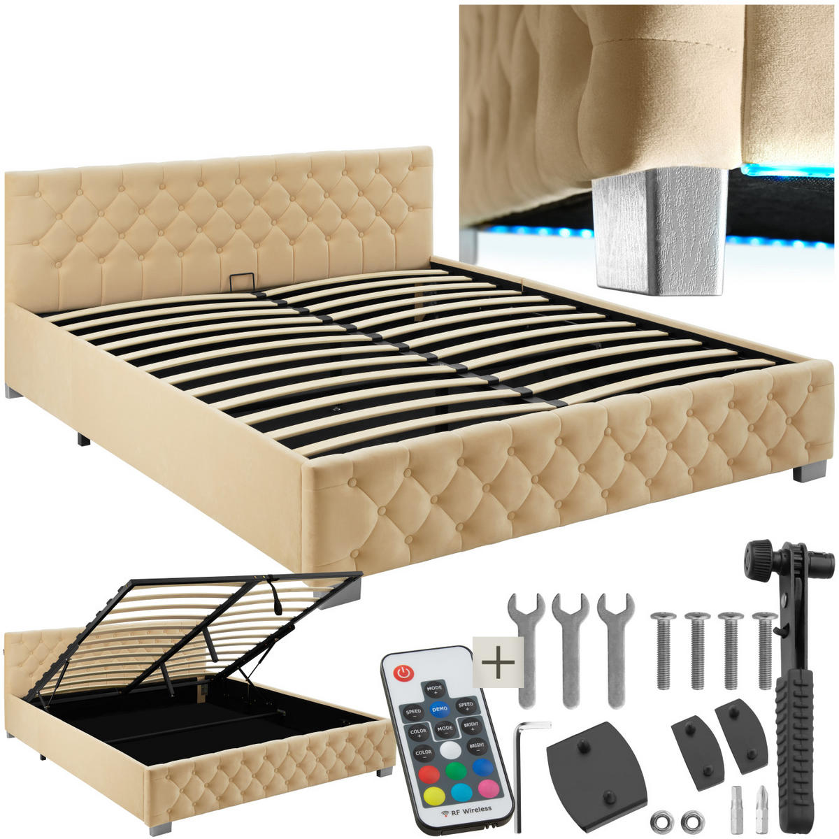 POLSTERBETT Daytona,großer Stauraum,beige - Beige, Holz (180/200cm) - tectake