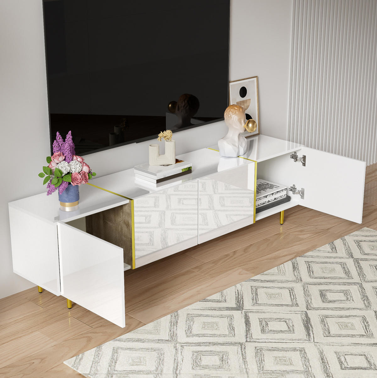 TV-SCHRANK mit 4 Türen 170 cm MDF Weiß Hochglanz - Weiß, Holzwerkstoff (35/46/170cm) - Beauniv