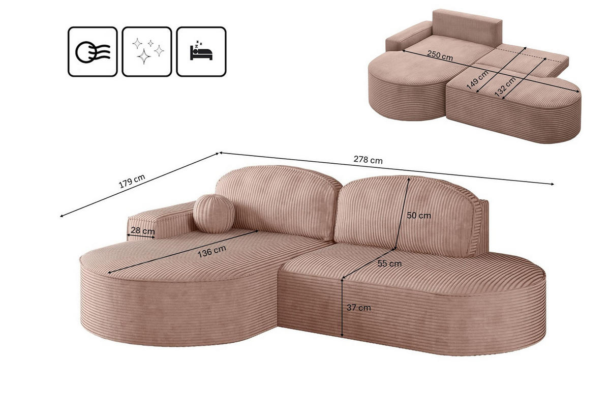 ECKSOFA mit Schlaffunktion und Bettkasten Modena Runden stoff Poso Rosa Links - Rosa, Holz/Textil (179/278cm) - Kaiser Möbel