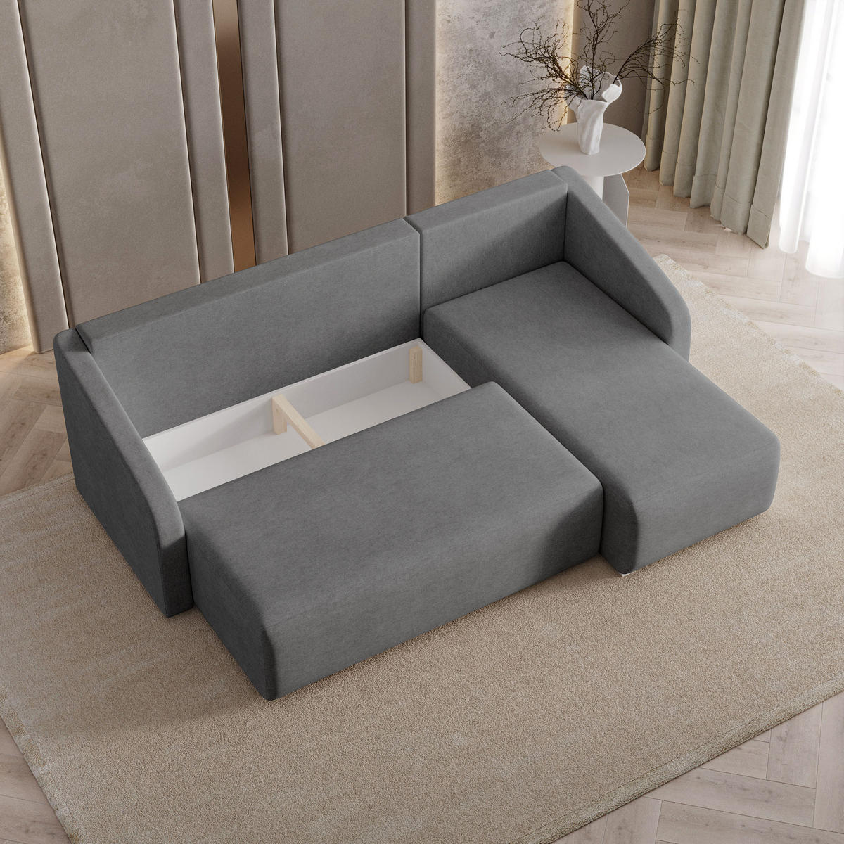 ECKSOFA MARELLO Grau Geflochtener Stoff mit Schlaffunktion - Grau, Holz (220/143cm) - MASSENO