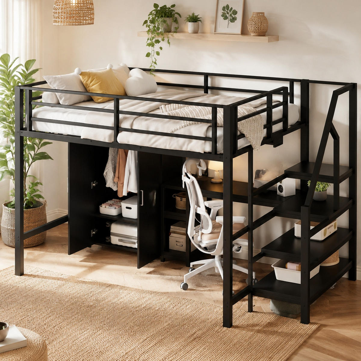HOCHBETT 140/200 mit Kleiderschrank, Regalen und Schreibtisch in Schwarz - Schwarz, Holzwerkstoff/Metall (140/200cm) - EVRYAE