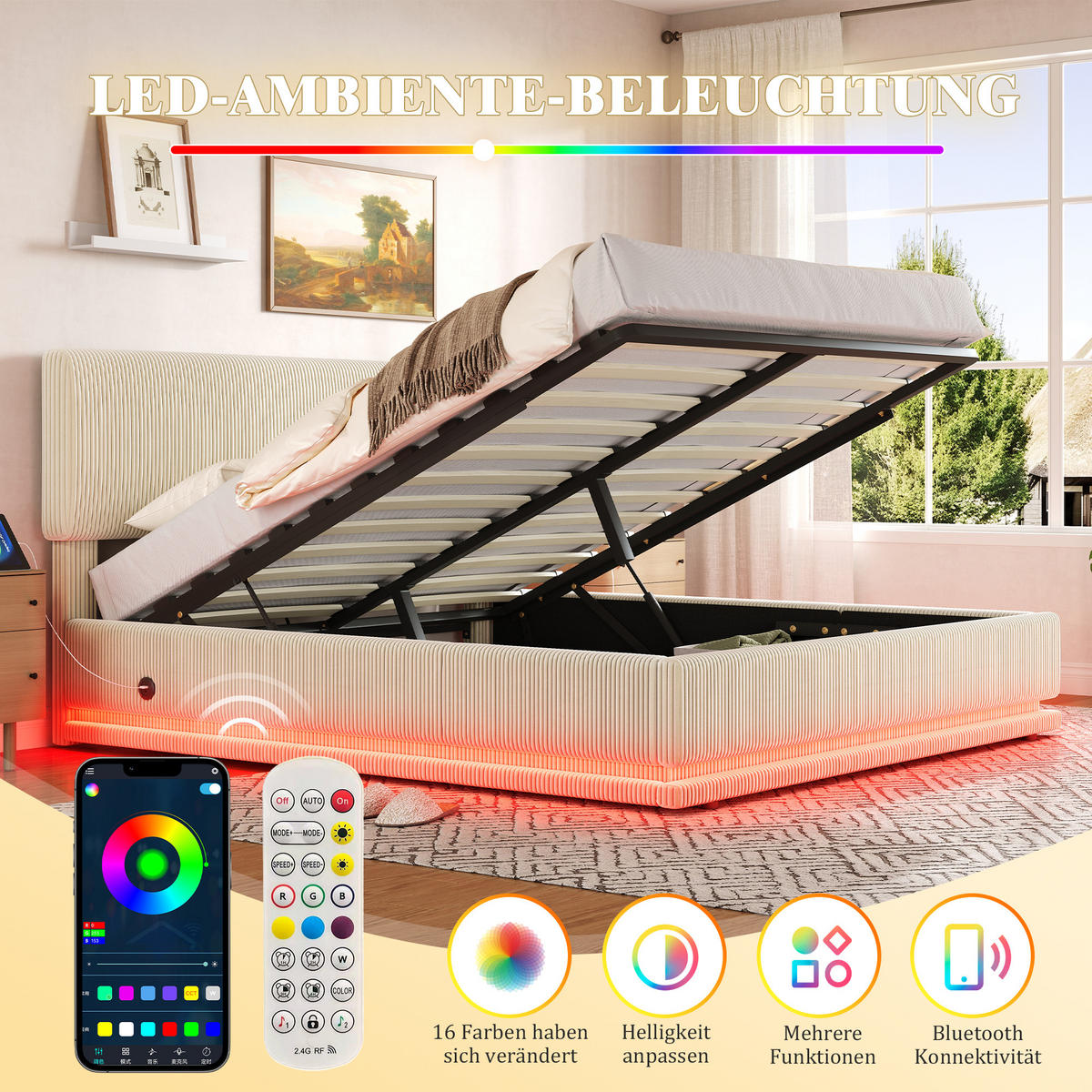 POLSTERBETT 140x200 cm LED USB Stauraum beige - Beige, Textil (140/200cm) - LEBENLANG