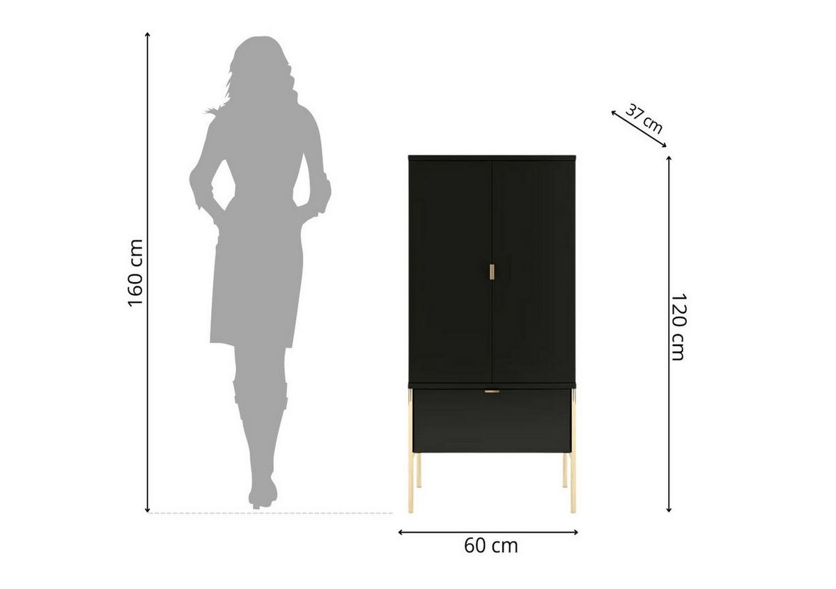 HIGHBOARD Polka, Schwarz, Goldene Details - Goldfarben/Schwarz, Holzwerkstoff/Metall (60/120/37cm) - Skandica