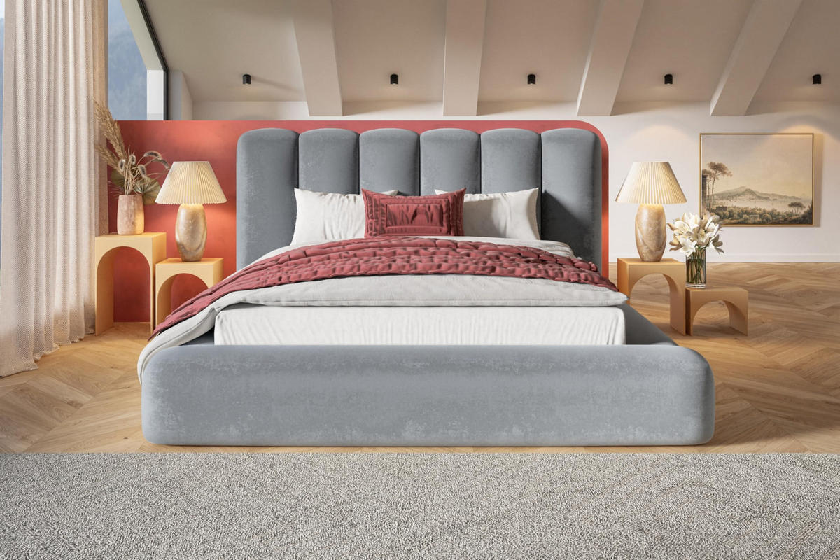 BETT 180x200 - Polsterbett mit Bettkasten und Holzrahmen - Modern Bett - Eleganter Jasmine-Stoff - Kollektion Alva Maxi - Hellgrau - Hellgrau, Holz/Textil (180/200cm) - Alpi-Möbel