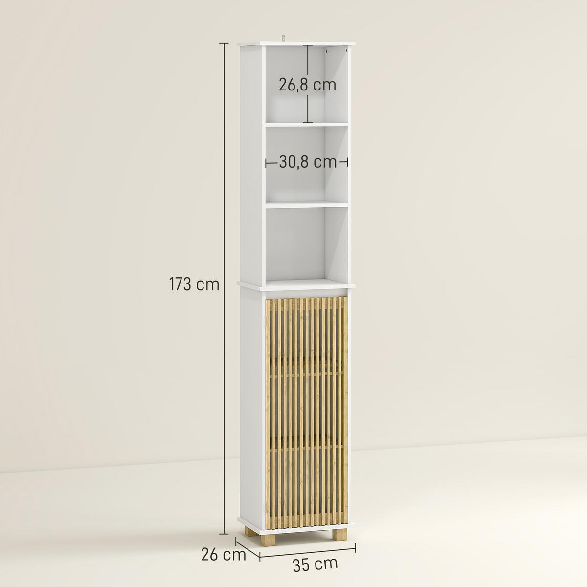 HOCHSCHRANK DE-12468 35/26/173 cm mit Bambuslamellentür Weiß - Weiß, Holzwerkstoff (26/173/35cm) - ComfortXL