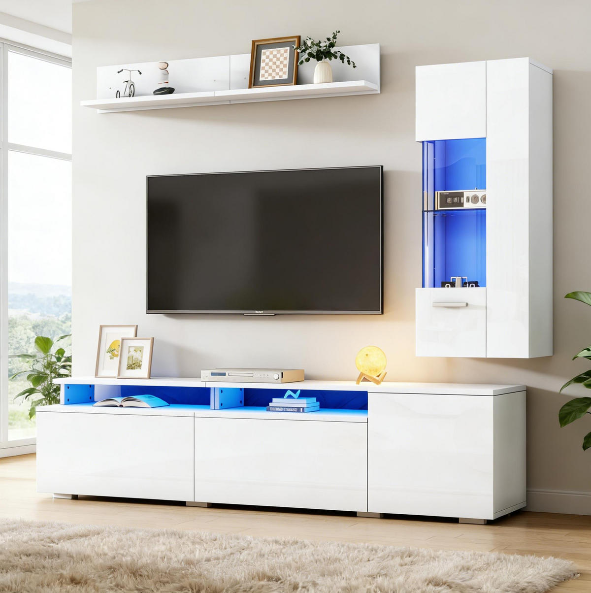 TV-WOHNWAND 3-tlg. mit LED 180 cm Hochglanz Weiß - Weiß, Glas (40/45/180cm) - Beauniv