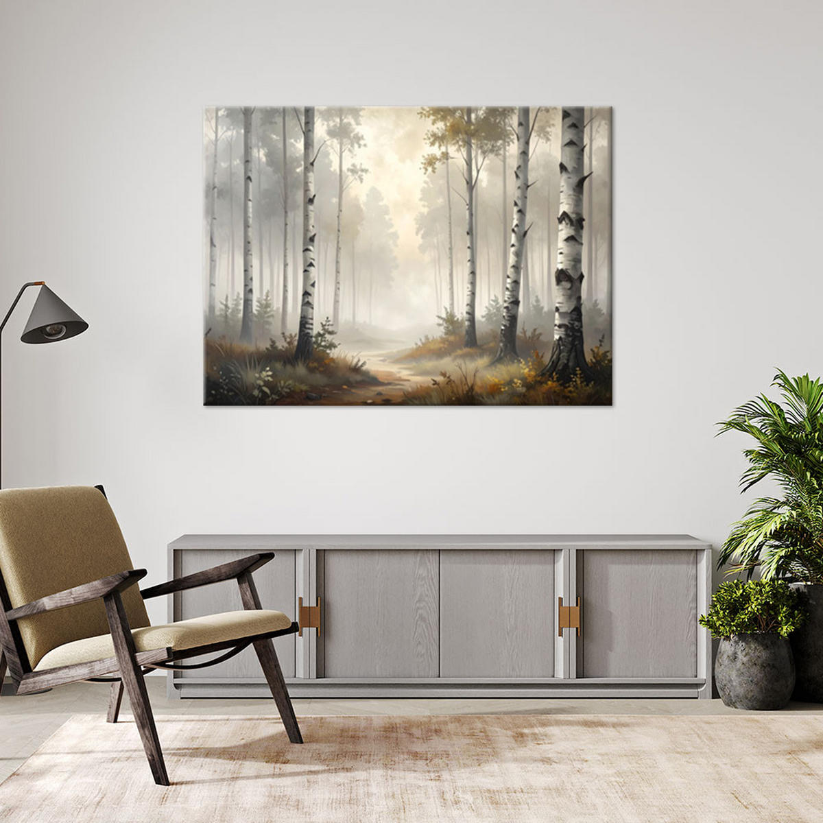 BILD auf Leinwand, Birkenwald Landschaft im Nebel Natur - Grau, Textil (45/30cm) - Feeby