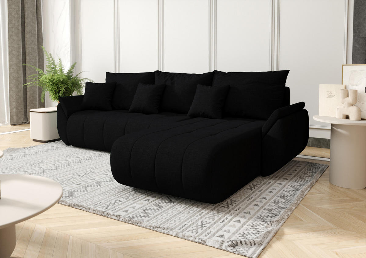 ECKSOFA Mit Schlaffunktion Und Bettkasten TOKYO, Stoff WIND, Schwarz, Rechts - Schwarz, Holz (280/190cm) - Kaiser Möbel