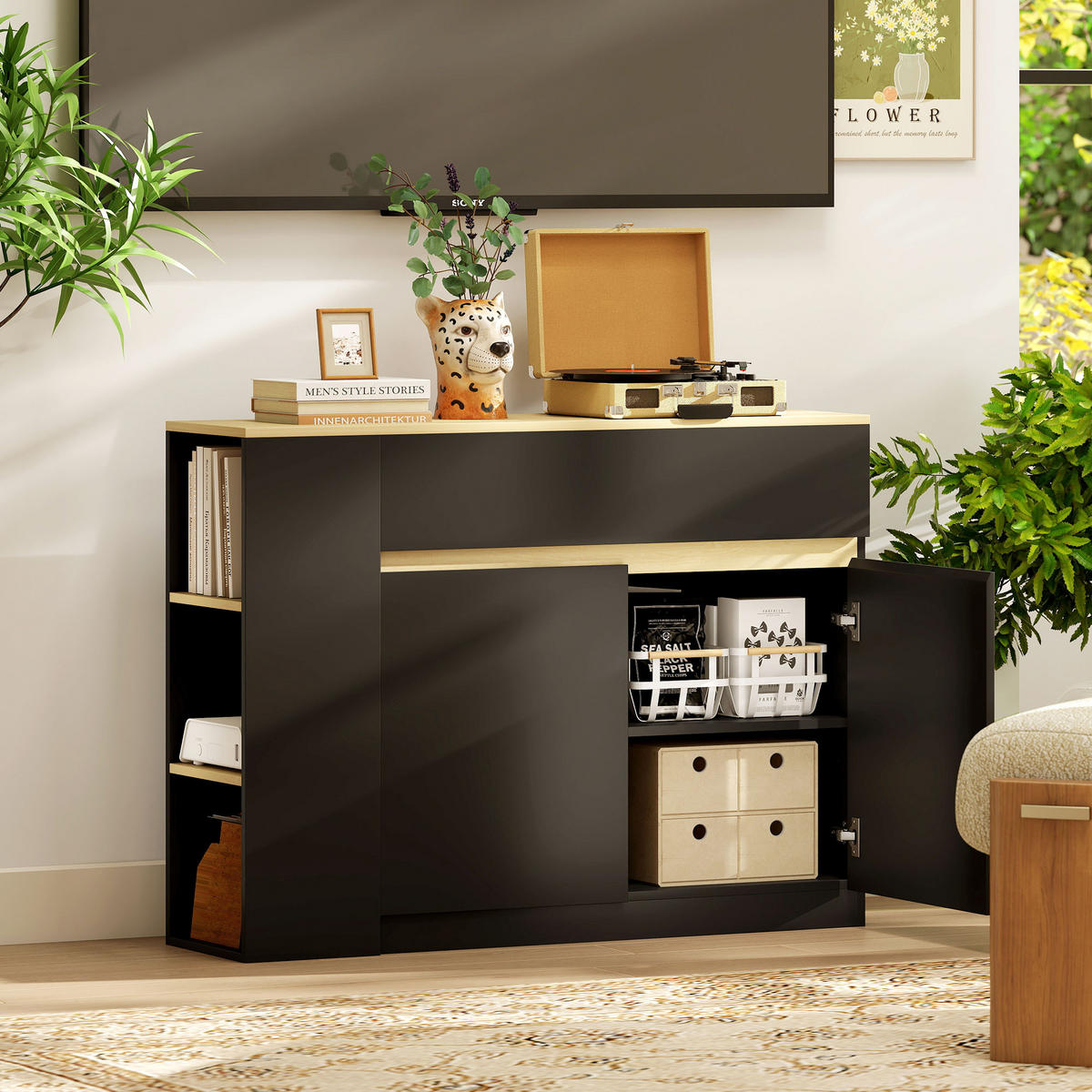SIDEBOARD DE-11197 2 Schubladen, 3 offene Fächer Schwarz - Schwarz, Holzwerkstoff (110/82/29.5cm) - ComfortXL