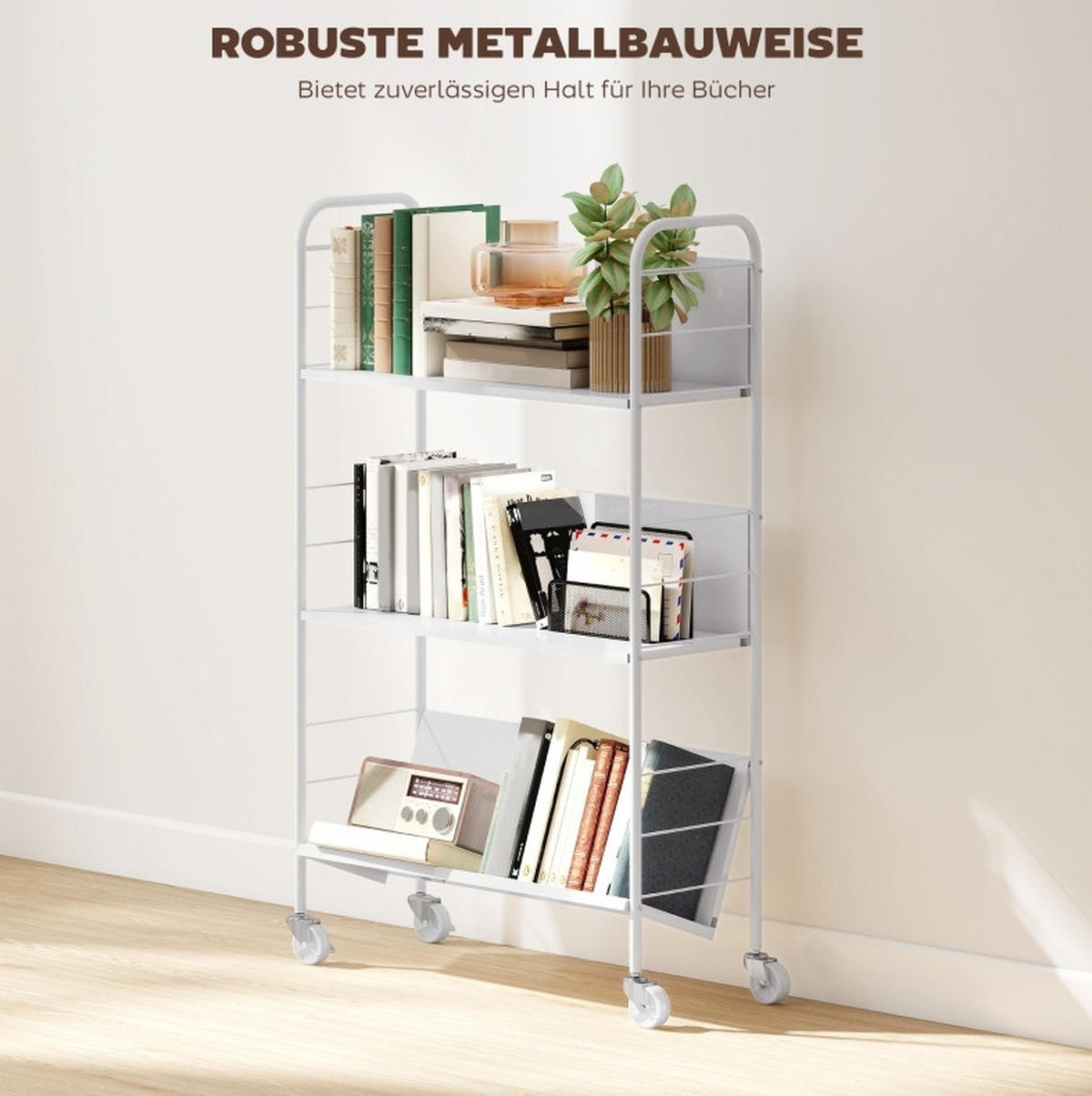 BÜCHERREGAL 69/26/108 cm mit 3 Ebenen, Rollen und Metallgestell, platzsparend, Weiß - Weiß, Metall (69/108/26cm) - Redom