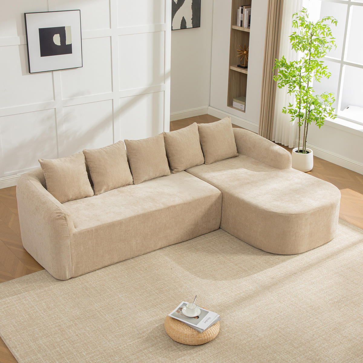 ECKSOFA Chenille Hellkhaki mit Kissen - Hellbraun, Textil (270/172cm) - WISHDOR