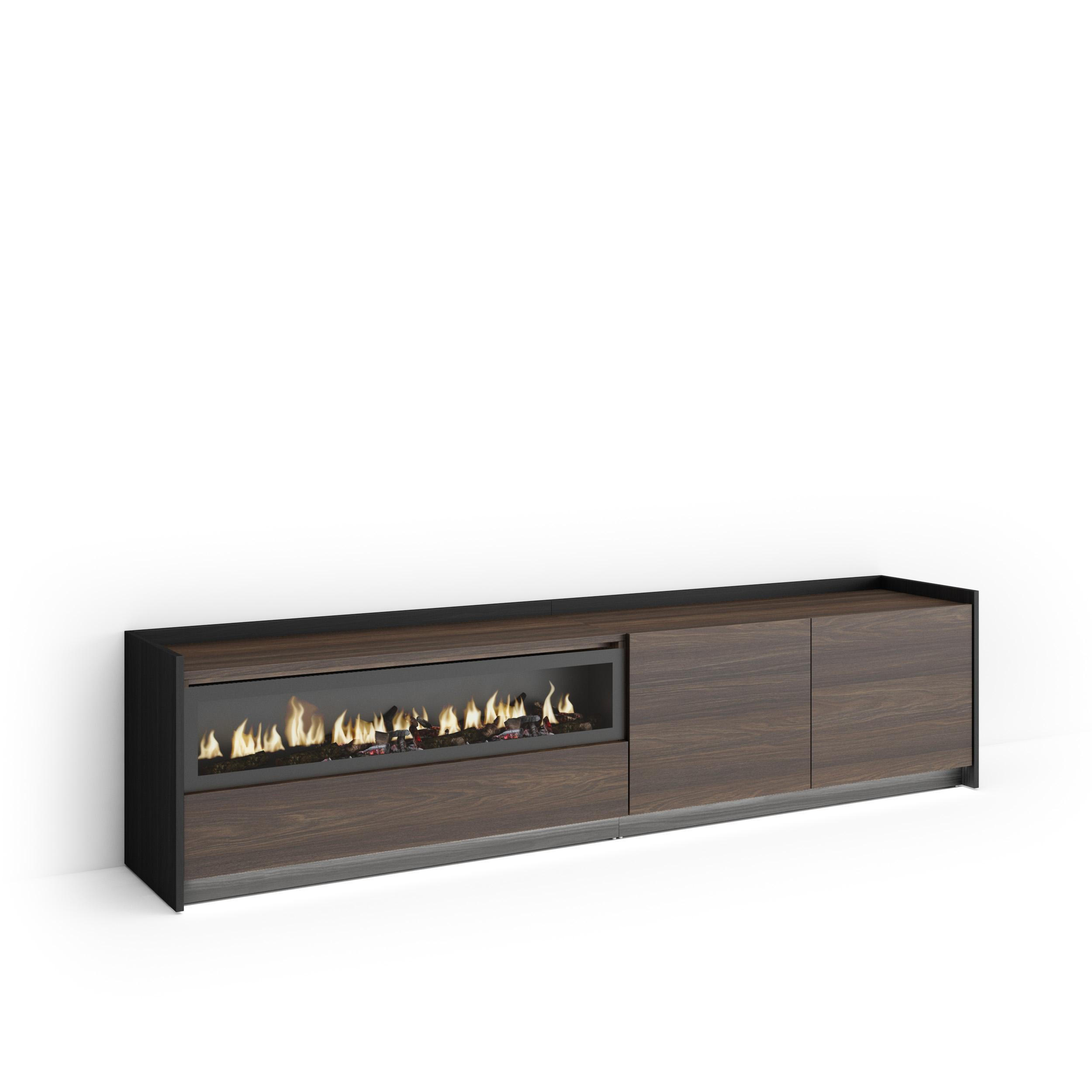 LOWBOARD, Eiche und Schwarz, 207/37/50cm, Kamin mit Feuereffekt - Dunkelbraun, Holzwerkstoff (207/50/37cm) - Skraut Home