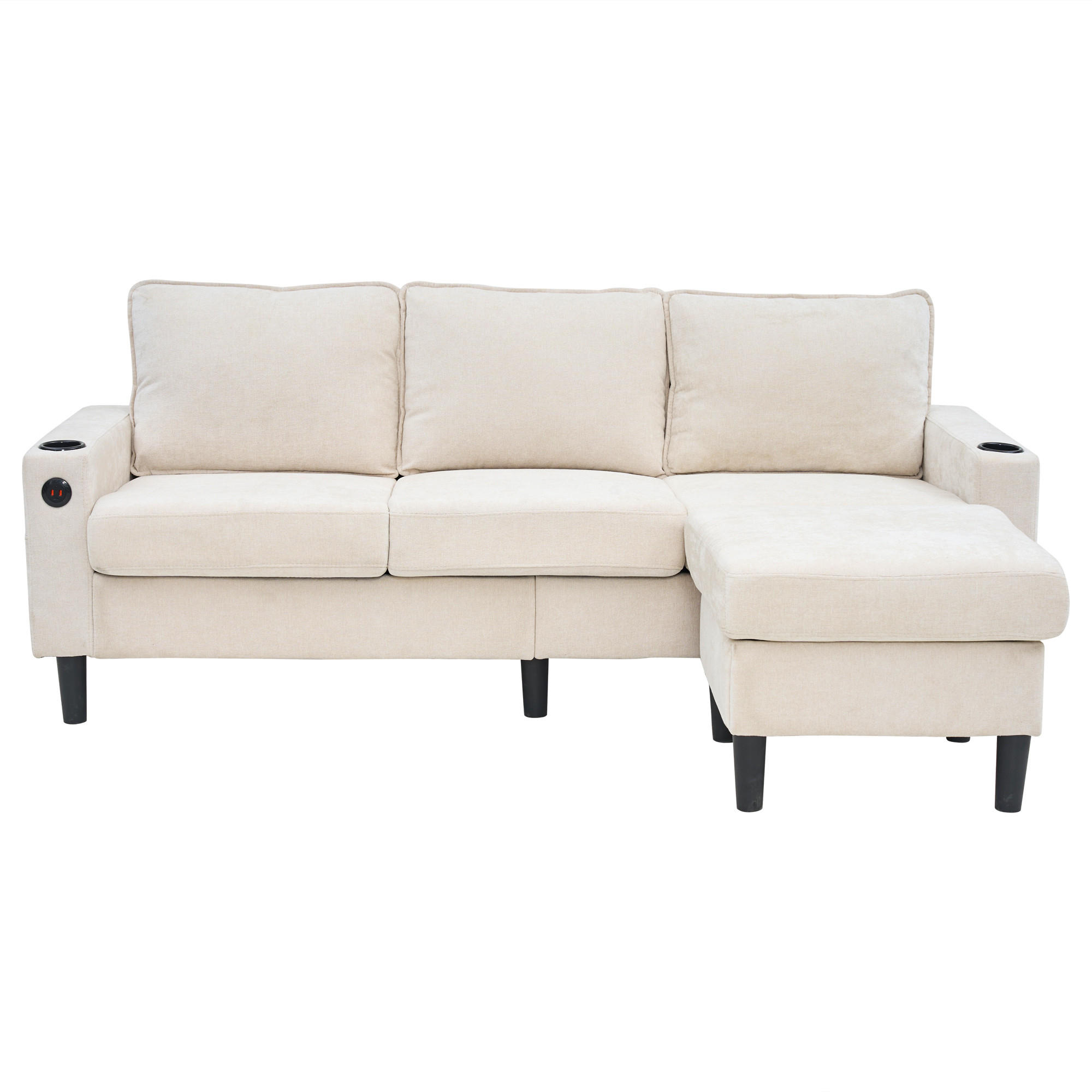 3-SITZER ECKSOFA Leinen Beige mit USB, Type-C und Hocker - Beige, Holzwerkstoff/Textil (202/137cm) - WISHDOR