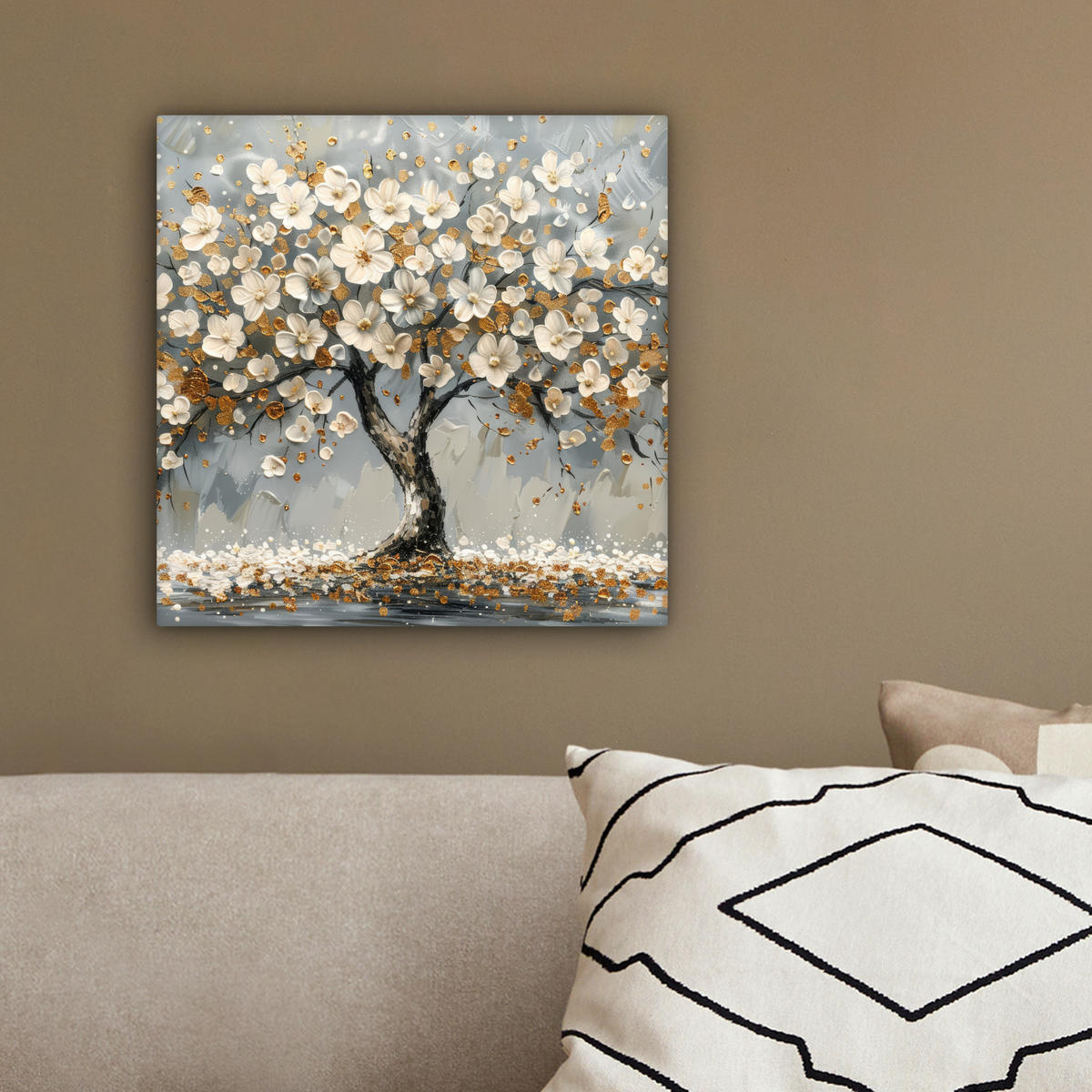 LEINWANDBILD Baum - Blumen - Weiß - Natur - Kunst Deko Wohnzimmer 20x20 cm - Weiß, Textil (20/20cm) - MuchoWow