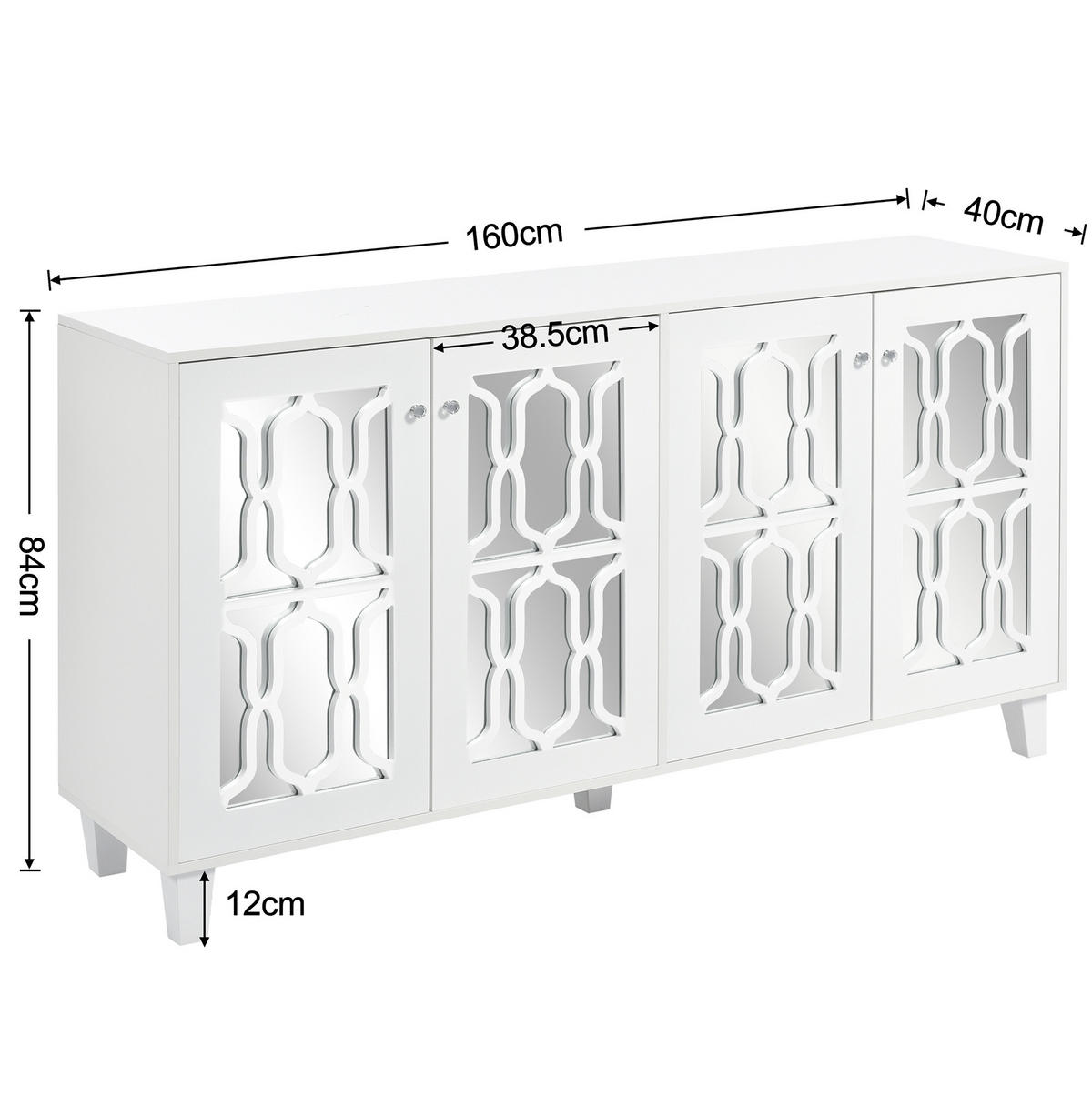SIDEBOARD in Weiß mit verspiegelter Oberfläche, 4 Türen und kristallförmigen Glasgriffen, 160/40/84 cm, Weiß - Weiß, Holzwerkstoff (160/84/40cm) - Redom