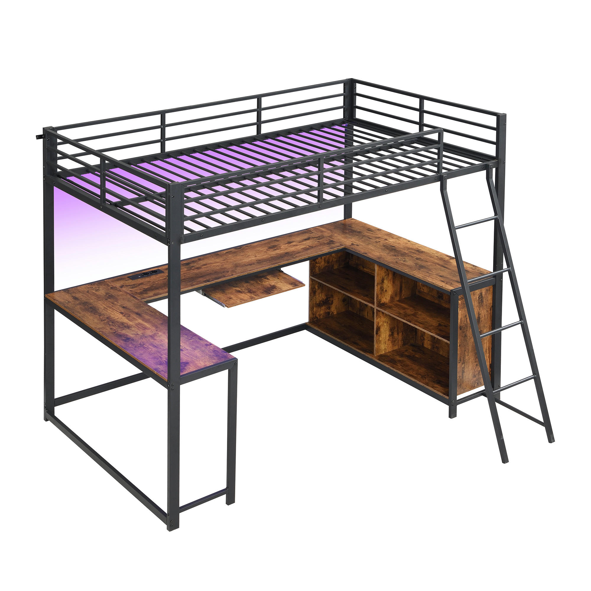 HOCHBETT 120/200 cm mit 3-seitigem Schreibtisch und LED, DE-41767, in Schwarz - Schwarz, Metall (120/200cm) - ComfortXL