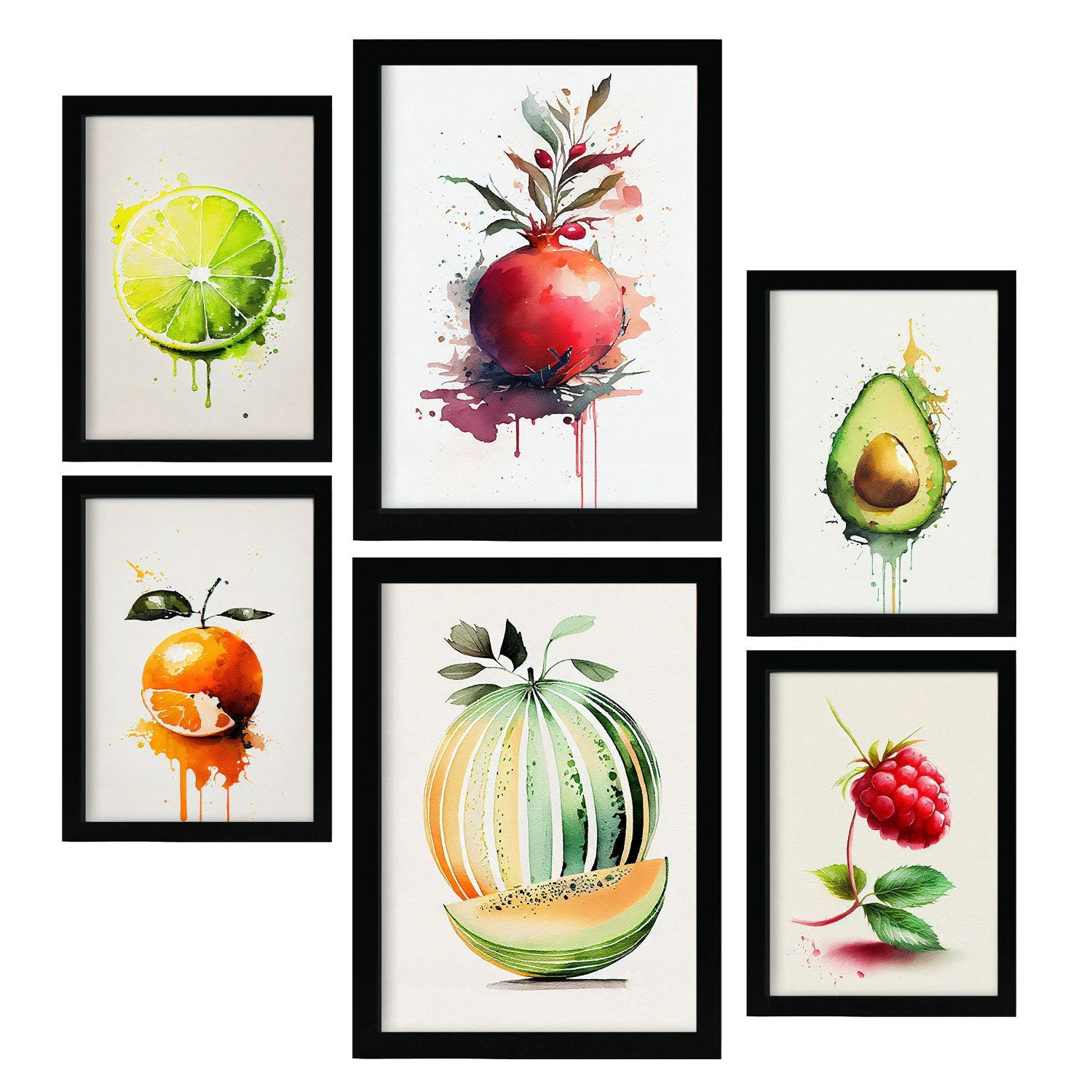 POSTER Set Mit 6 Sommerfrüchte Plakate Von Obst Gemüse & Gesunden Lebensmitteln Im Aquarell Kunst Auf Reinweißen A3 & A4 Schwarzer Rahmen - Schwarz, Papier (29/3cm) - Nacnic